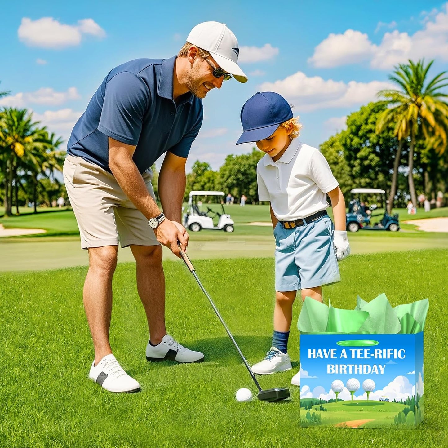 bigniuzi Golf Birthday Gift Bag with Tissue Paper for Men Boy Golf Wrapping Paper and Greeting Card Sports Party Favor Treat Bag for Party Supplies