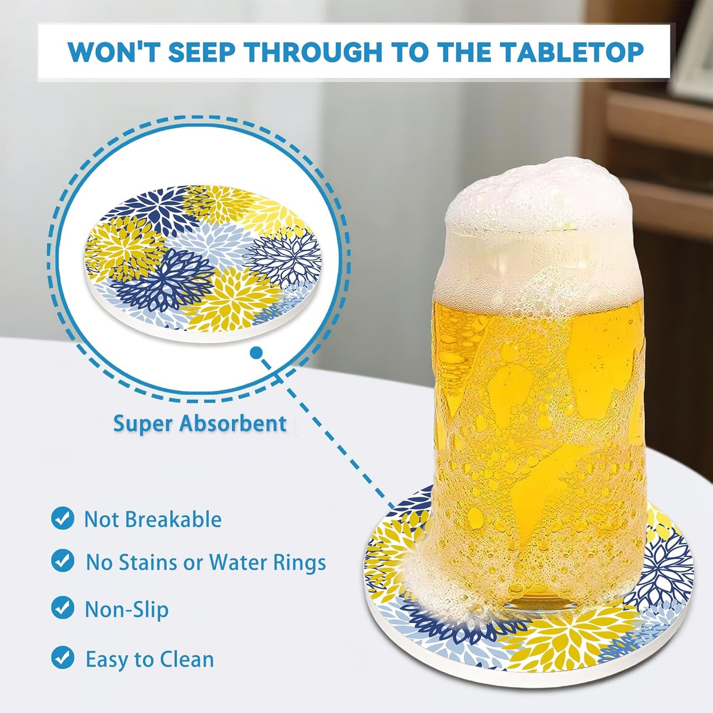 Spring Drinks Coasters Set of 4, Absorbent Cup Mat with Cork Base,Ceramic Stone for Table Home Decor 4" Navy Blue Flower