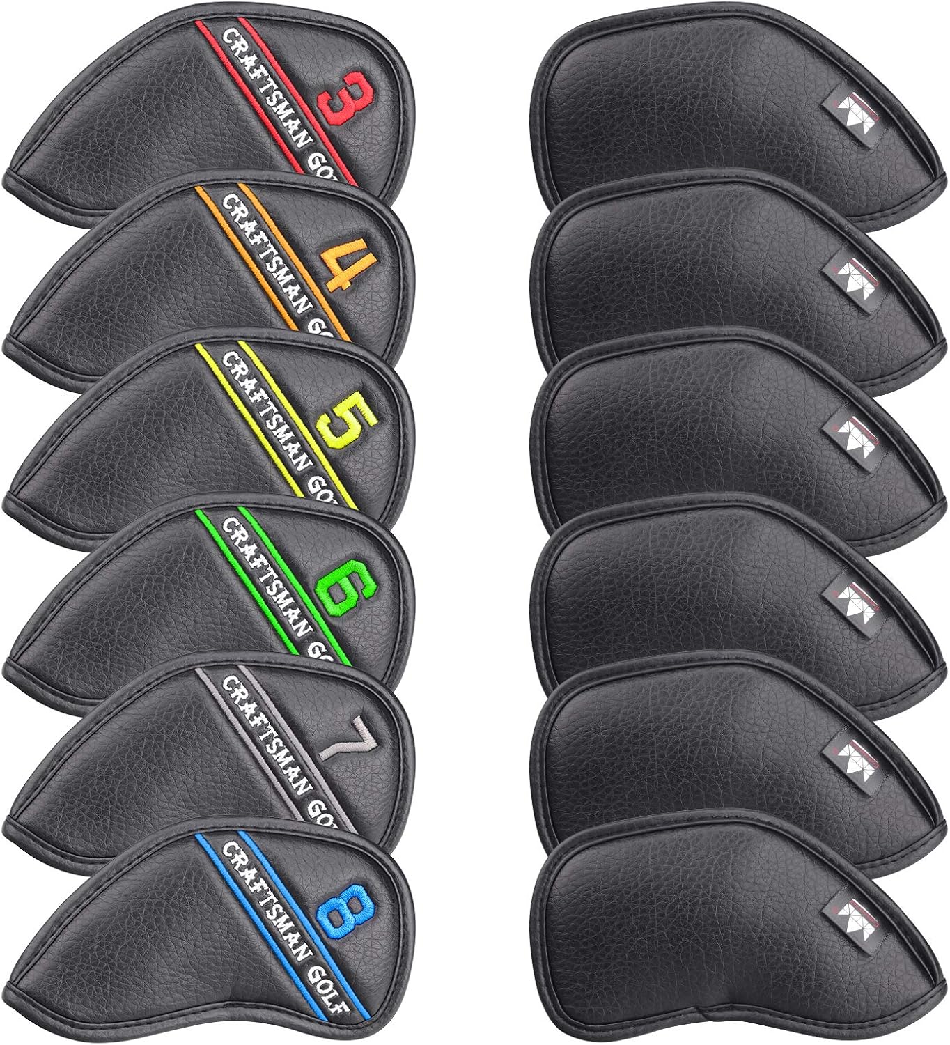 CRAFTSMAN GOLF 12pcs or 1pc Black Leather Golf Iron Head Covers Set Headcover Colorful Number Embroideried for Callaway Ping Taylormade Cobra Also Custom Version w/Your Name