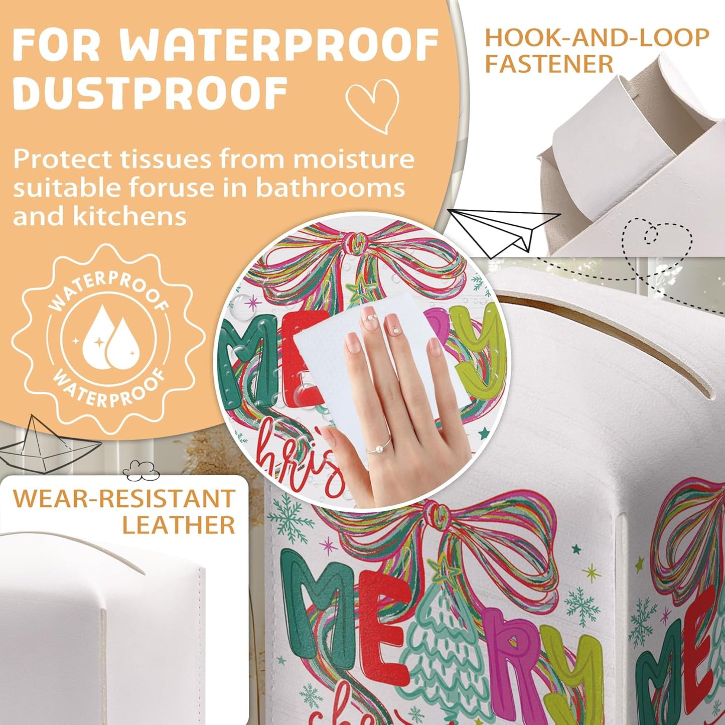 Merry Christmas Tissue Box Holder, Bow Christmas Tree Leather Tissue Box Cover Square, Paper Facial Decorative Tissues Cover for Night Stands Bathroom Kitchen Office Home Decor-B28