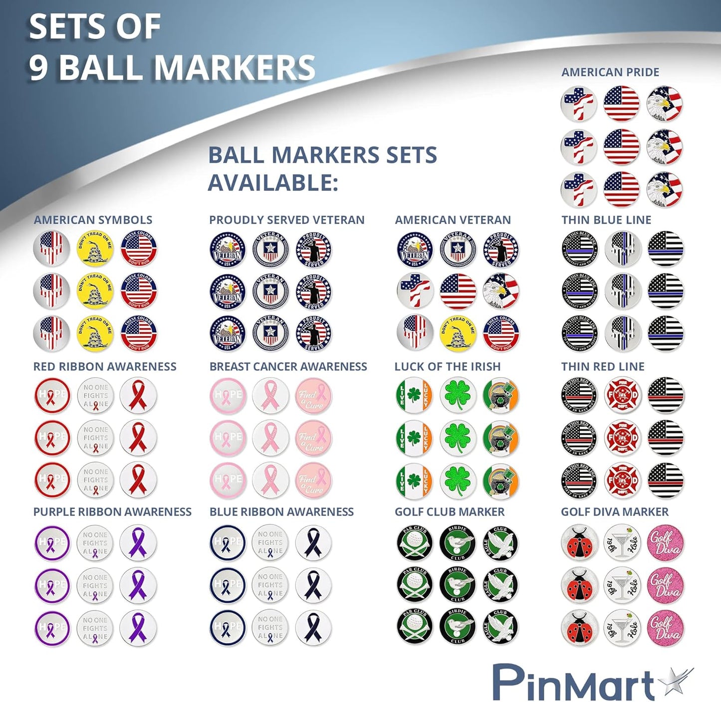 PinMart’s Mix Bundle Pack of 9 Golf Ball Markers - Golf Accessories for Men and Women – United States Eagle and American Flag Magnetic Ball Markers Set of 9