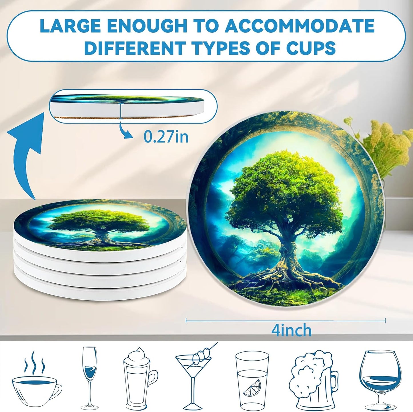 Coasters Set of 4, Magic Green Round 4" Ceramic & Cork Coasters, Absorbent, Ideal for Table Home Decor & Gifts