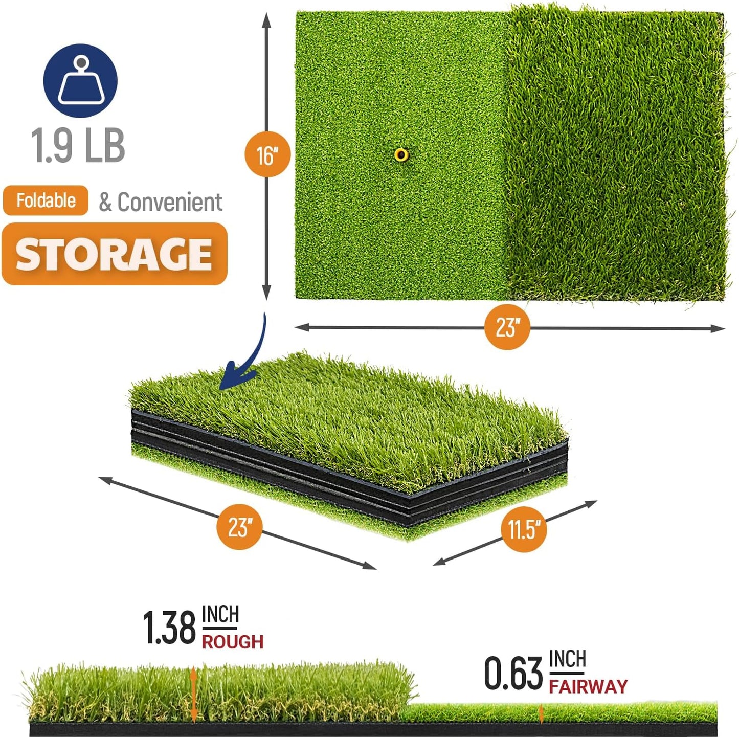 JAYA Golf Hitting Mat with Heavy Rubber Base, Foldable Golf Practice Mat for Indoor and Outdoor Training, Fairway & Rough Turf for Swing and Chipping