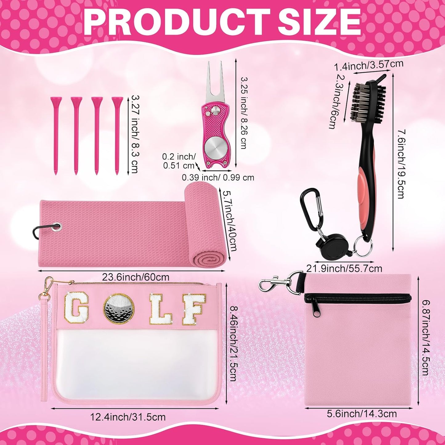 9 Pcs Golf Accessories Kit Included Golf Tees Towel Divot Tool Cleaner Brush Ball Bag PVC Makeup Bag with Chenille Letter Patch for Women Men Christmas Birthday Retirement Gifts