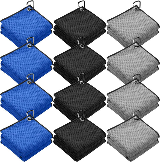 Batiyeer 12 Pcs Golf Towel Bulk for Golf Bags 16'' x 16'' Microfiber Fabric Towel with Clip Waffle Pattern, Fitness, Camping, Hiking, Yoga