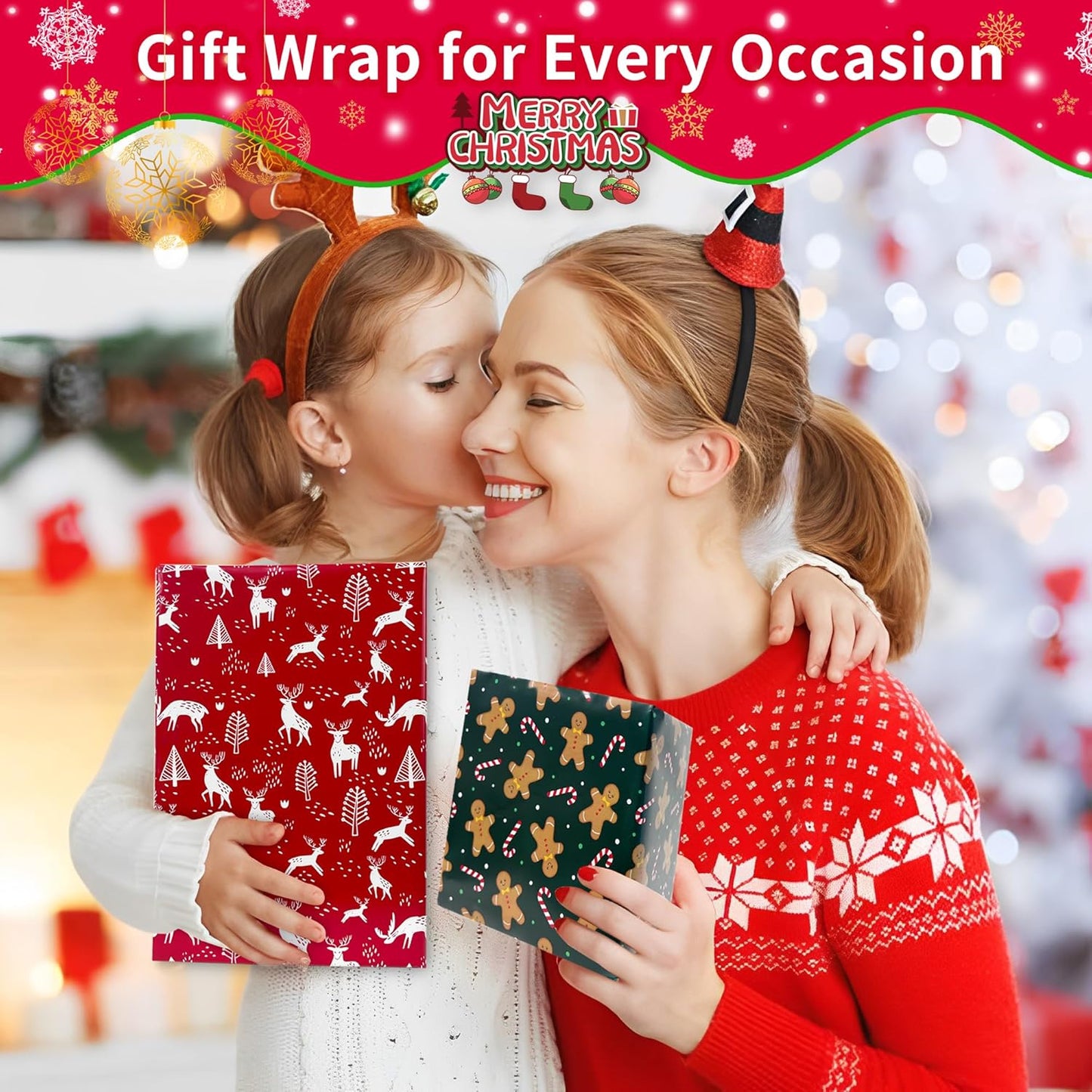 Christmas Wrapping Paper for Gifts (4 Rolls: 93 sq. ft. ttl) Funny Candy Cane Santas, Reindeer, Christmas Tree, Snowflakes - 17 inches x 16.5 feet Per Roll