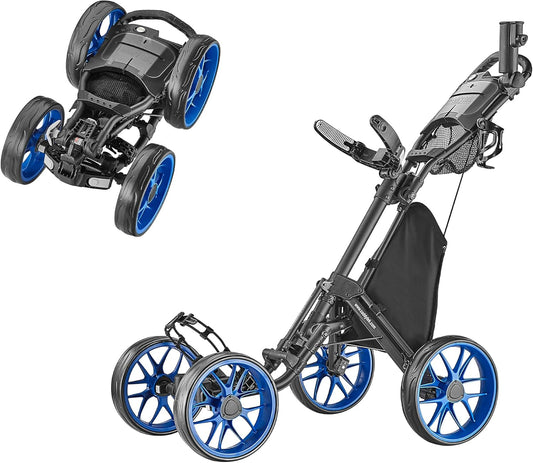CaddyTek 4 Wheel Golf Push Cart - Caddycruiser One Version 8 1-Click Folding Trolley - Lightweight, Compact Pull Caddy Cart, Easy to Open