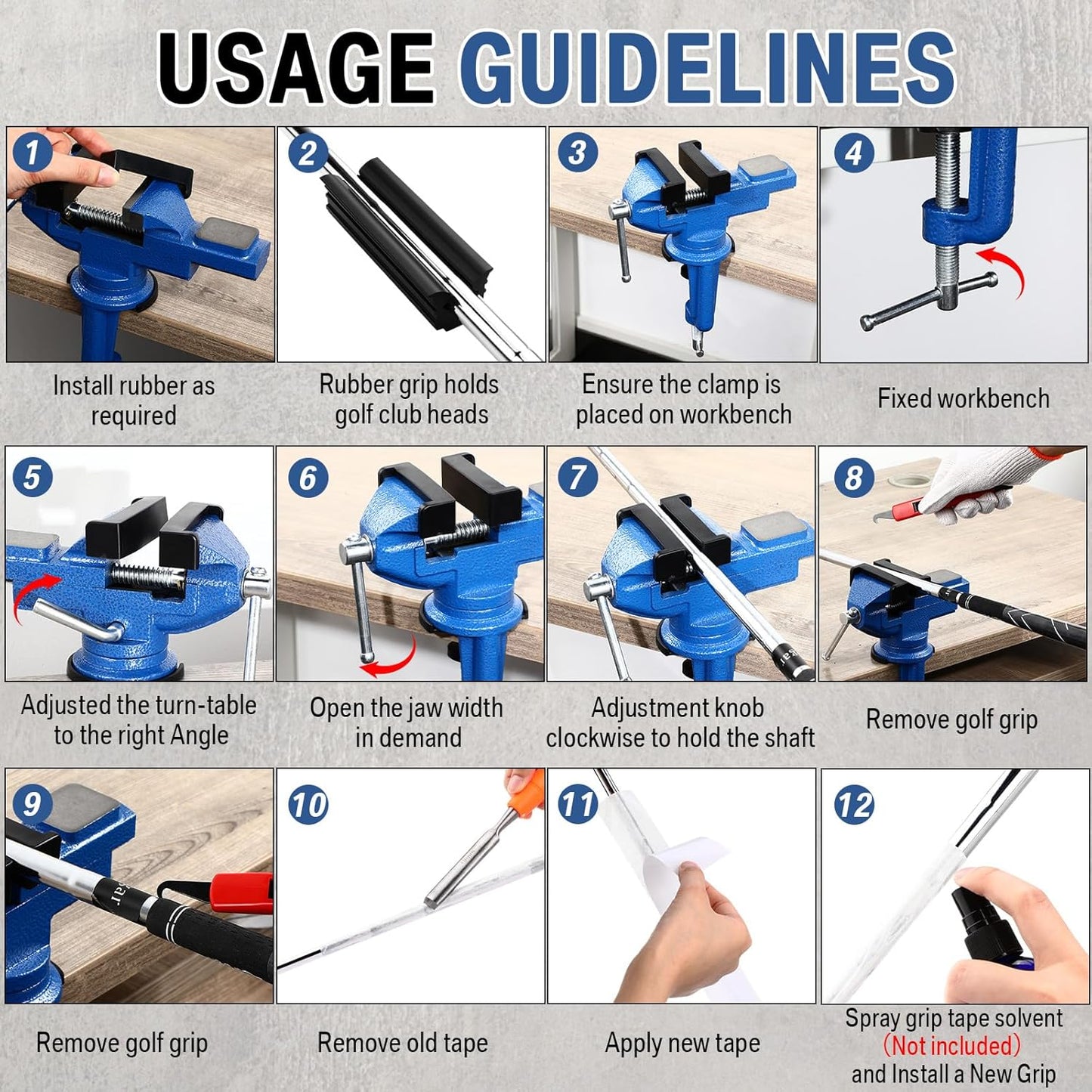 Lasnten Golf Club Regripping Kit 360° Swivel Table Vise 26 Double-Sided Tapes Rubber Sleeve & Gloves, Grip Remover, Hook Knife, No Solvent Grip Needed Portable Golf Tool