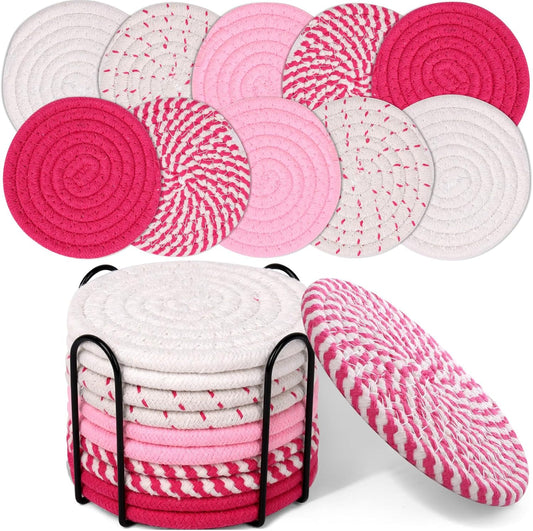 Mckanti 10 Pcs Drink Coasters with Holder, 5 Colors Absorbent Coasters for Drinks, Minimalist Boho Coasters Cotton Woven Coaster Set for Home Decor Tabletop Protection Suitable for Kinds of Cups