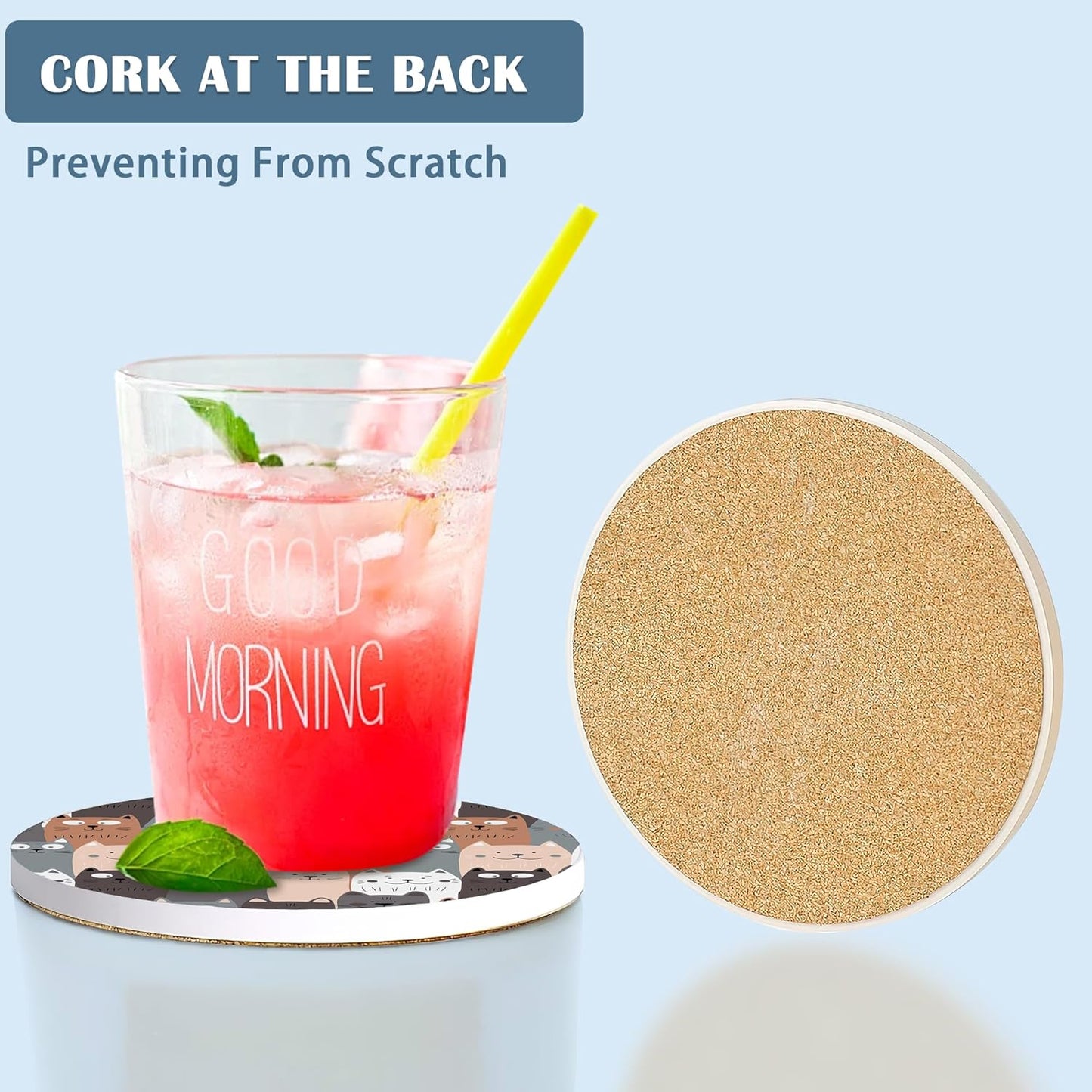 Coasters for Drinks,Cute Cat Gray Cats Absorbent Coaster Set of 4 with Cork Base,Ceramic Drink Coasters for Cold Drinks Wine Glasses Cups Mugs,Housewarming Gifts for Home Decor