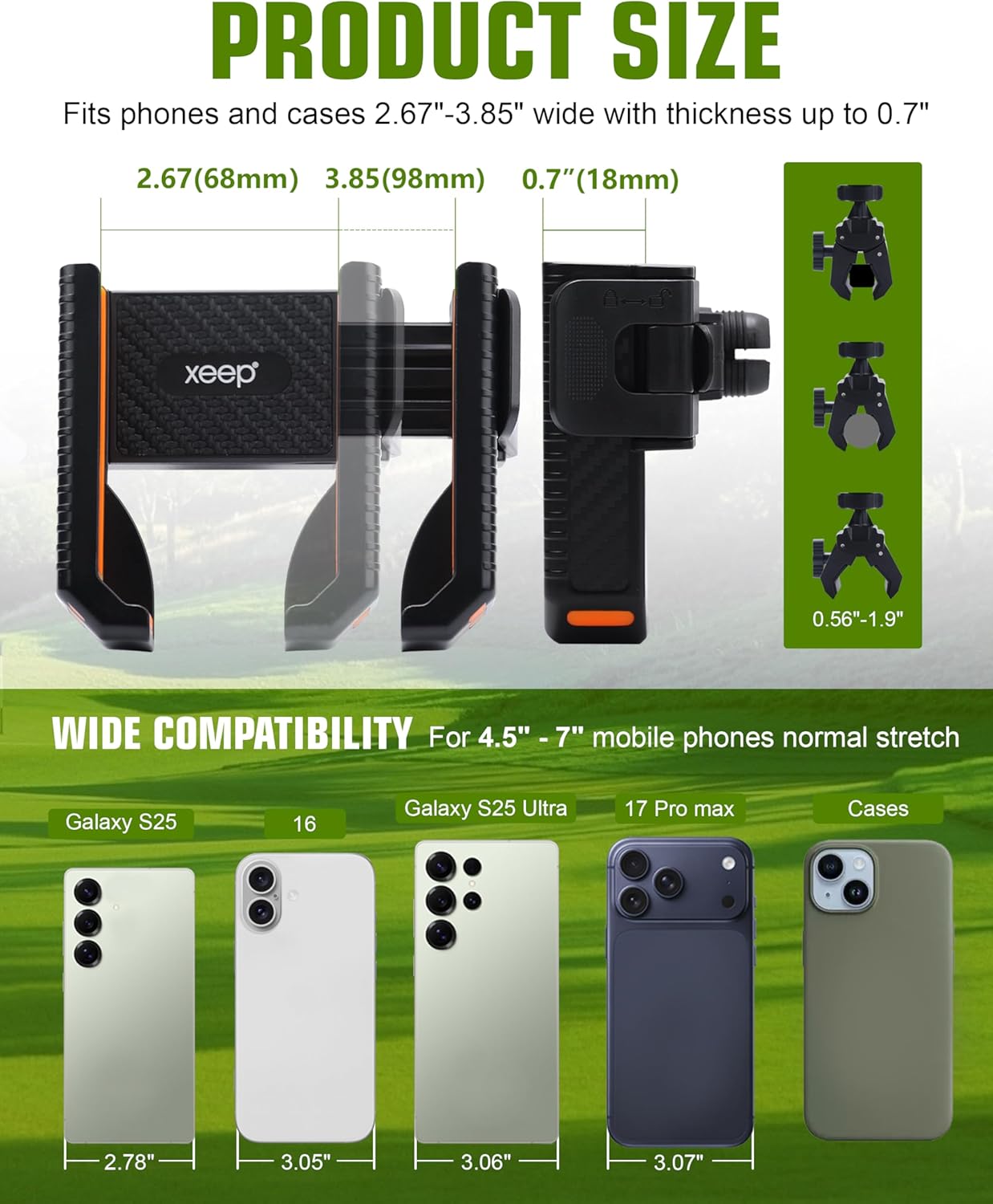 XEEP Golf Cart Phone Holder Mount, 3s Phone Clip Install, 1s Lock & Release, 360° Rotation Golf Phone Holder for Ezgo Club Car Yamaha, Golf Cart Accessories for All 4.5-7" Smartphones