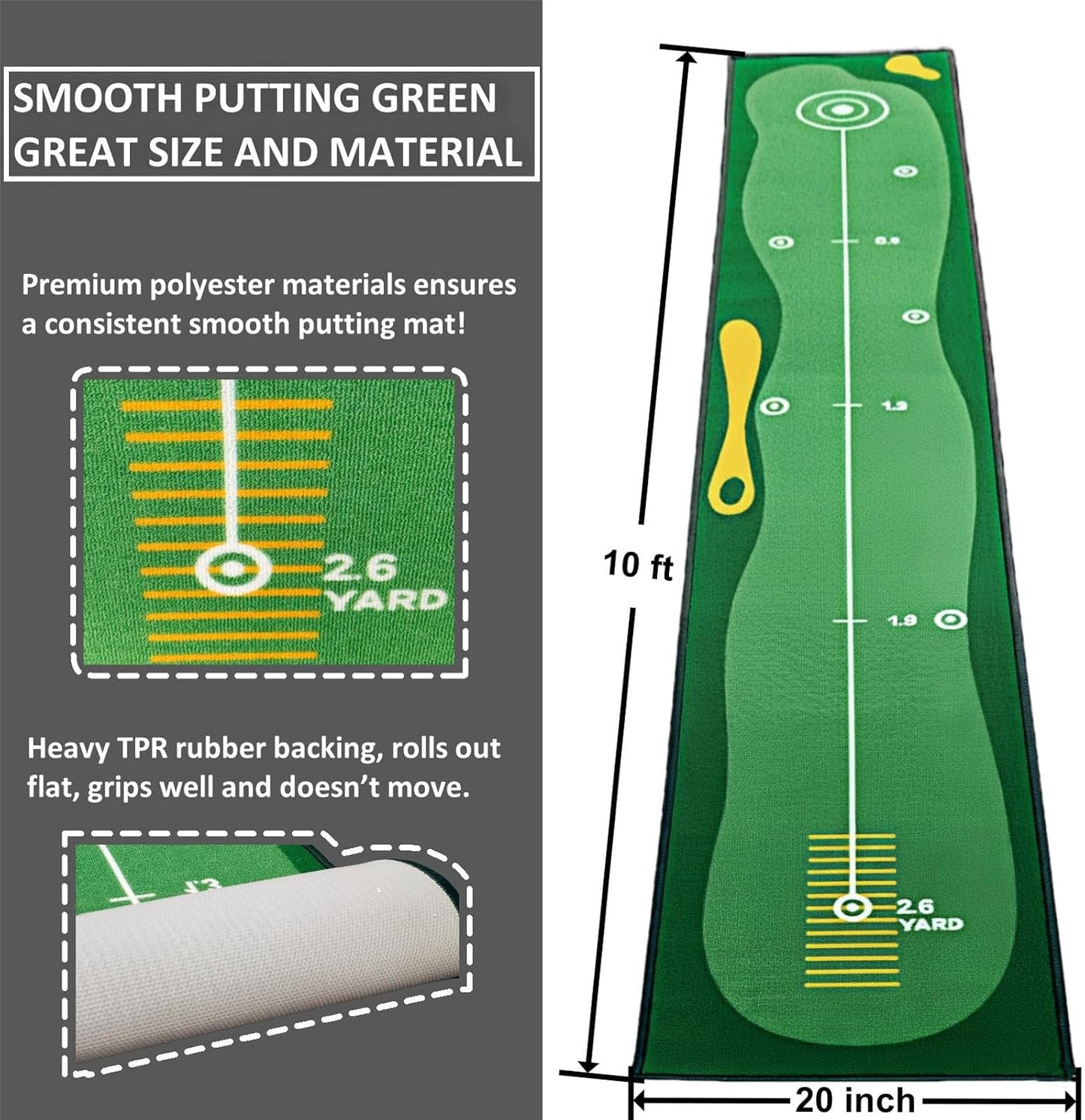 10ft Putting Green Indoor, Golf Putting Mat with Putting Mirror, Storage Bag, Putting Cup, Putting Ring, Roller Brush, Golf Mats Practice Outdoor & Indoor Use, Golf Gifts for Men Golfers