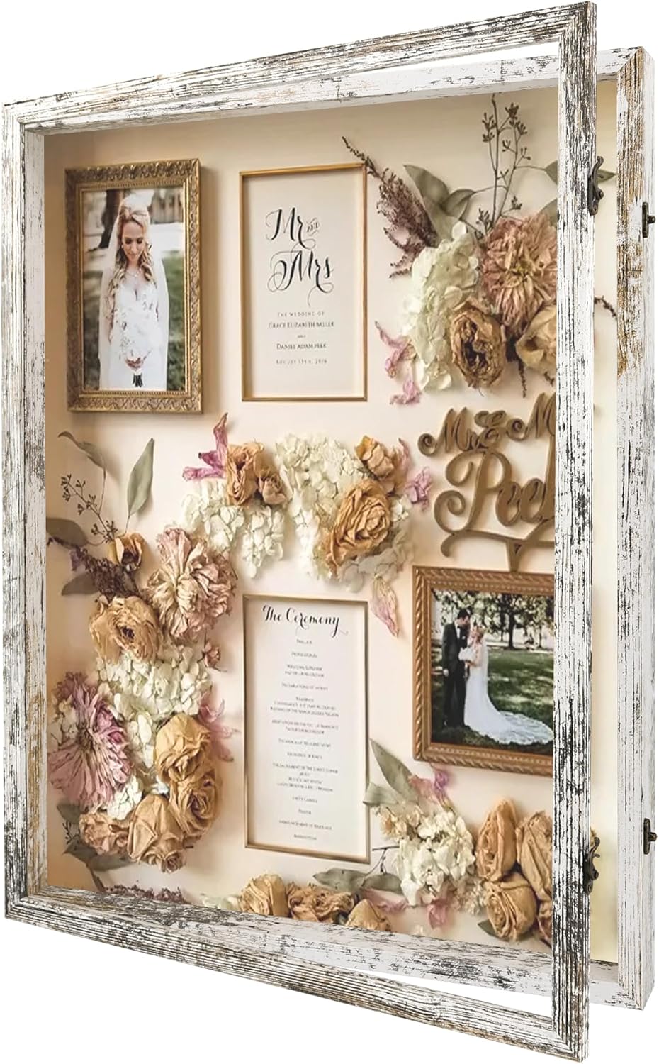 GraduatePro Shadow Box Frame 18x24 Display Case with Linen Back, Plexiglass Window Door with Hinge, Picture Frame Wedding Bouquet Memorabilia Medals Photos Memory Box for Keepsakes Rustic White