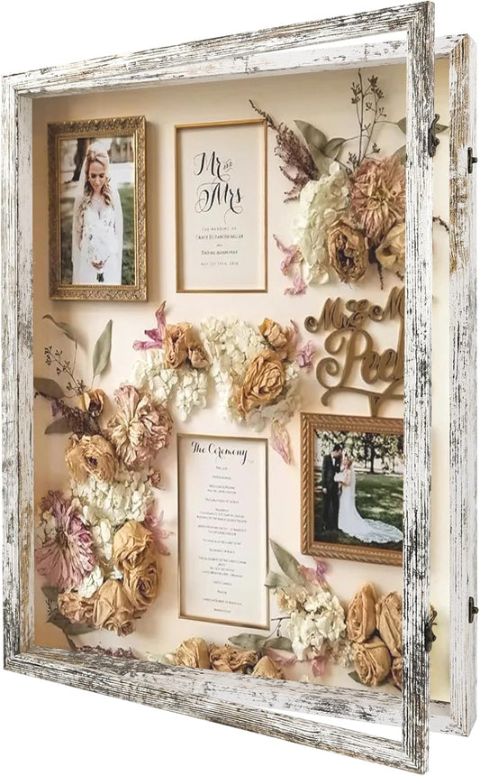 GraduatePro Shadow Box Frame 18x24 Display Case with Linen Back, Plexiglass Window Door with Hinge, Picture Frame Wedding Bouquet Memorabilia Medals Photos Memory Box for Keepsakes Rustic White