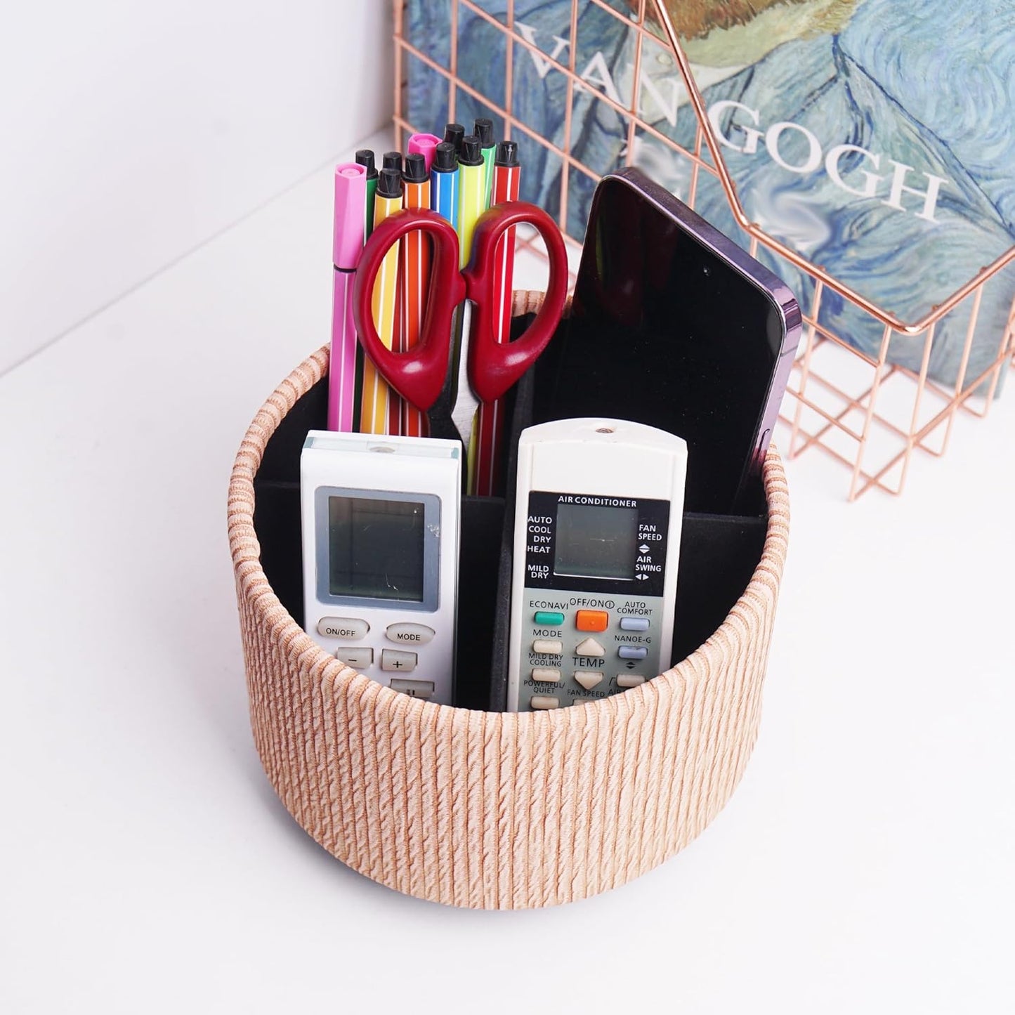 Hennaja Round Leather Art Supply Organizer,Remote Control Holder,360 Degree Spinning,Multi-Functional Pencil Holder,4 Compartments Desktop Stationary Organizer(1-Wood Apricot)