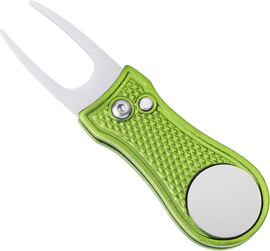 Mile High Life Golf Divot Repair Tool, All Metal Foldable Divot Tool with Pop-up Button & Magnetic Ball Marker