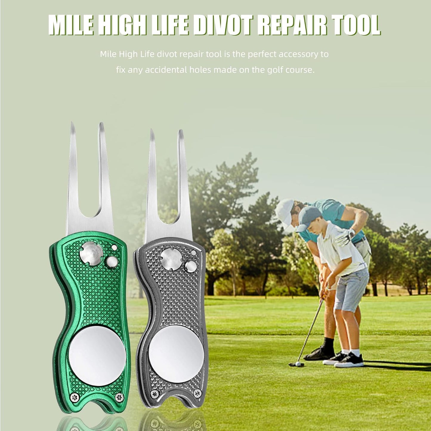Mile High Life Golf Divot Repair Tool, All Metal Foldable Divot Tool with Pop-up Button & Magnetic Ball Marker, 2-6 Pack