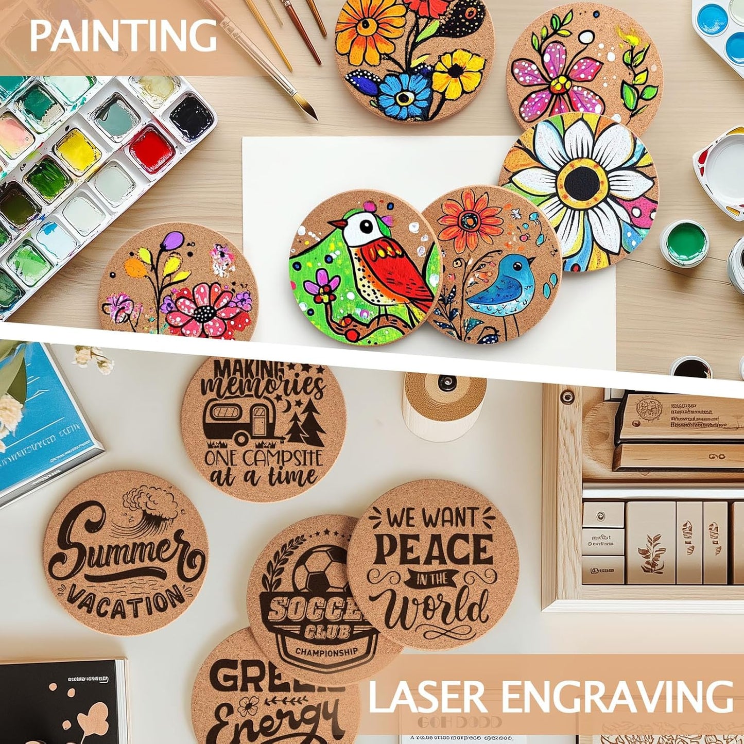 60 Pieces Cork Coasters for Drinks, GOH DODD Thicken Absorbent Blank Coasters for DIY Crafts Laser Engraving Sublimation Wood Burning Plants Painting Housewarming Gifts Wedding, Round, 4 Inch