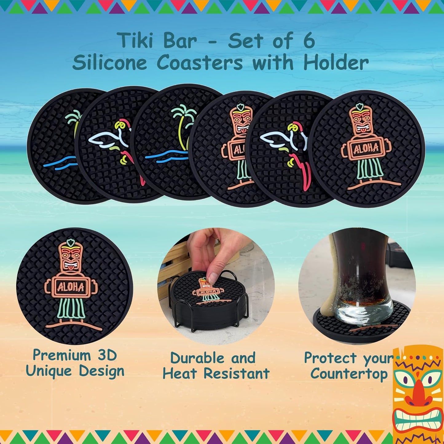 Aloha Tiki Bar Drink Coasters Set of 6 with Holder for Hawaiian and Luau Party Decorations with Tiki Warrior, Wave & Palm Tree and Parrot Designs, Tiki Bar Decor Silicone Coasters, Aloha Party Decor