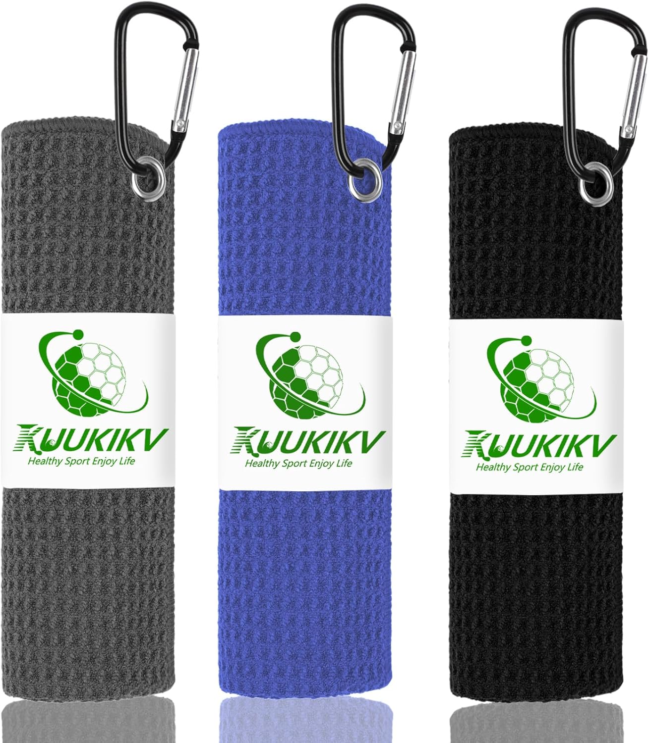 3 Pack 16" x 16" Golf Towels, Premium Waffle-Pattern Microfiber Golf Towels with Carabiner Clip, Super Absorbent, Sand Resistant, Wear Resistant, Black-Blue-Gray Colors