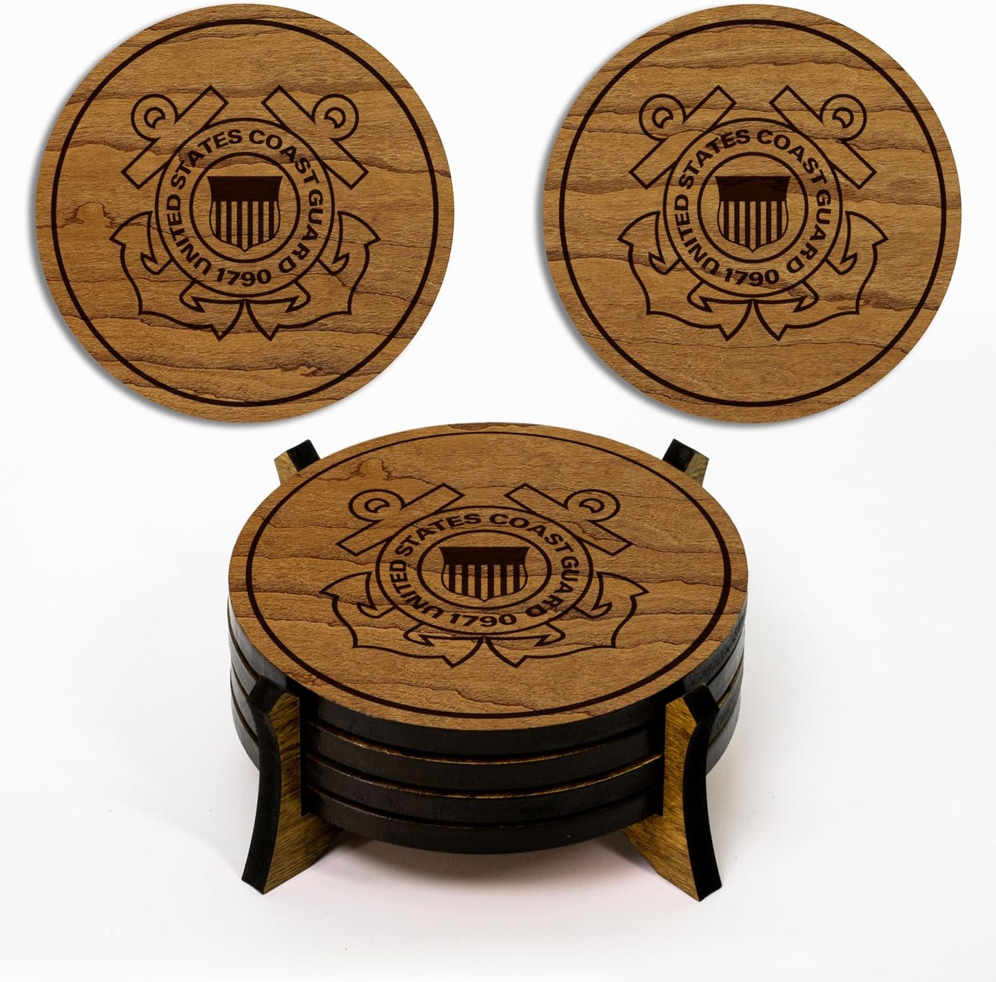 LazerEdge U.S. Coast Guard Wooden Coaster Set – Cherry Wood – Handcrafted Collectible 4-Pack | Made in USA | Officially Licensed Product