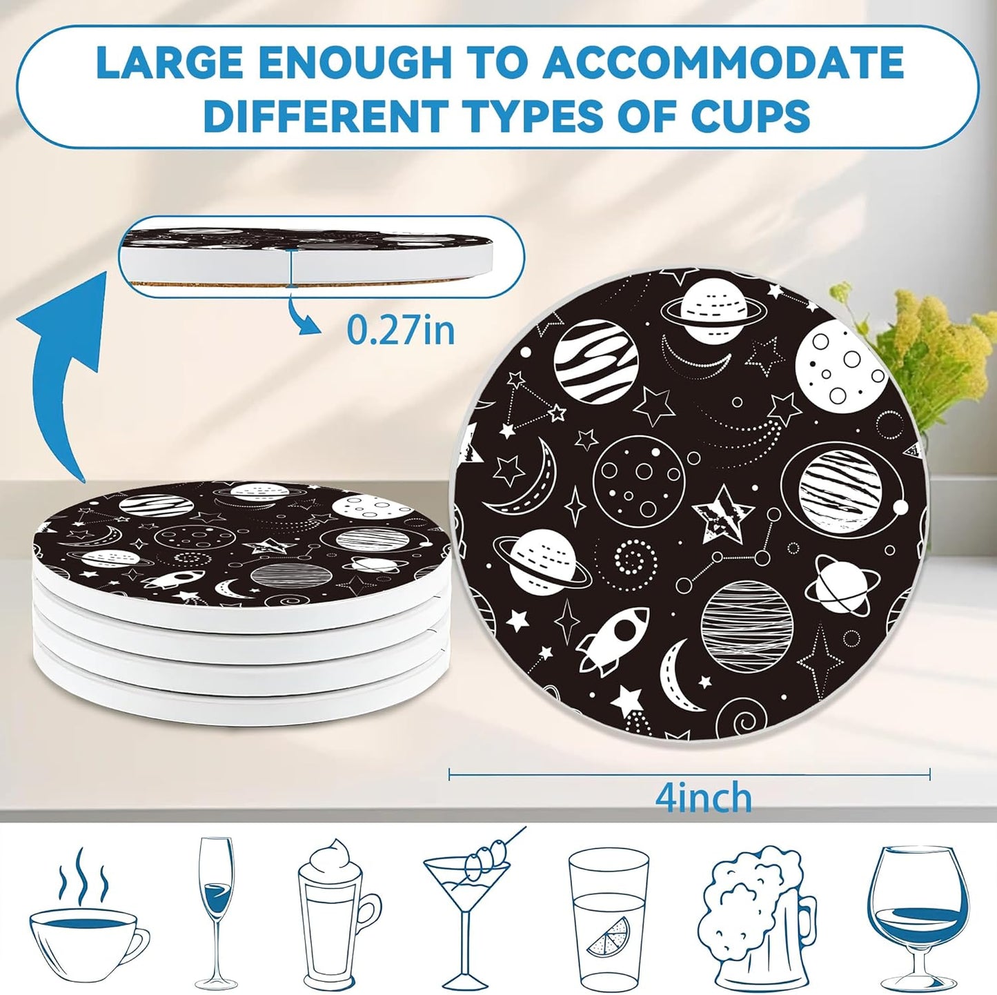 Drinks Coasters Set of 4, Cute Planets Rockets Round 4" Cup Coasters, Absorbent Ceramic Stone Coasters with Cork Base, Cute Coasters for Table Home Décor, Ideal Gifts for Women Men