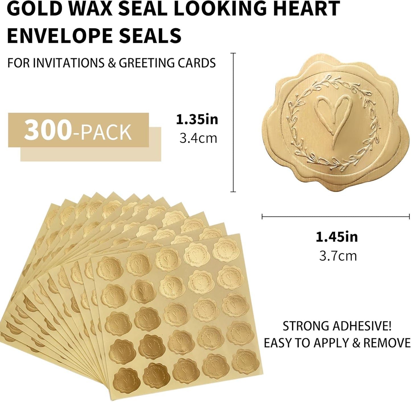 300pcs Gold Embossed Wax Seal Looking Heart Envelope Seals for Wedding Invitations/Greeting Cards/Party Favors, Self-Adhesive