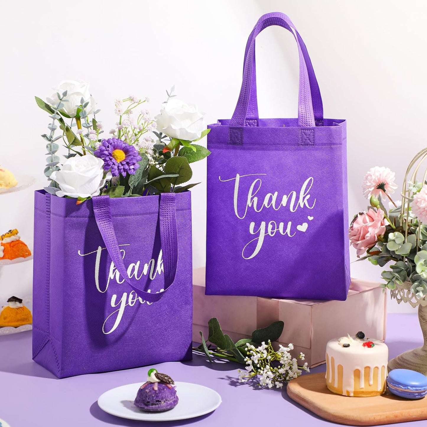 Sweetude 30 Pcs Thank You Gift Bags with Handles Bulk Reusable Goodie Bag Non Woven Foldable Handbag for Graduation Wedding Bridesmaid Gifts(10 x 8 x 4 Inch,Dark Purple)