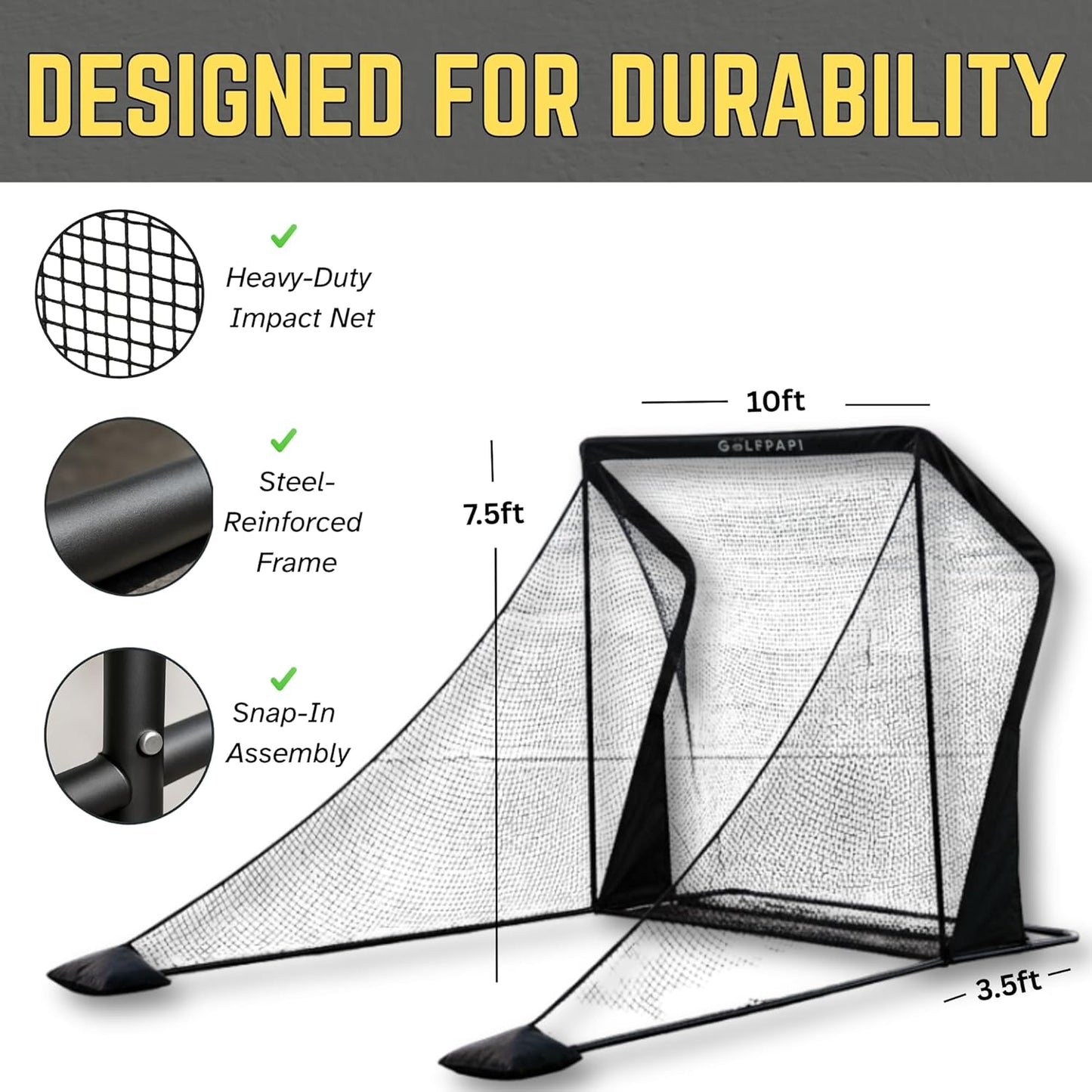 GOLFPAPI Pro Golf Practice Net – Heavy‑Duty 7.5ft & 10ft Steel Frame Hitting Net with 1″ High‑Tension Mesh & Side Shank Protection – Indoor/Outdoor Driving Range & Simulator