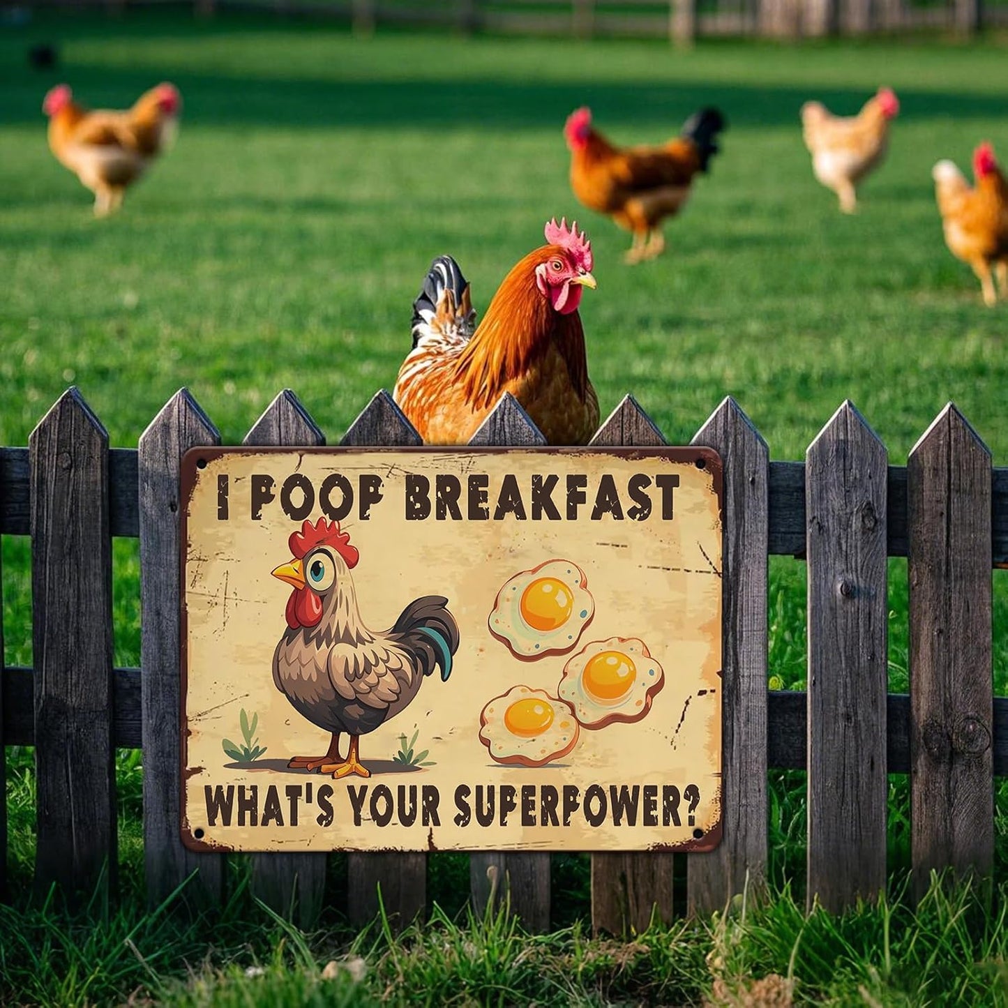 Farm Sign Chickens Pooping Breakfast Tin Sign Plaque Metal Poster 12x16 Inch Wall Decor