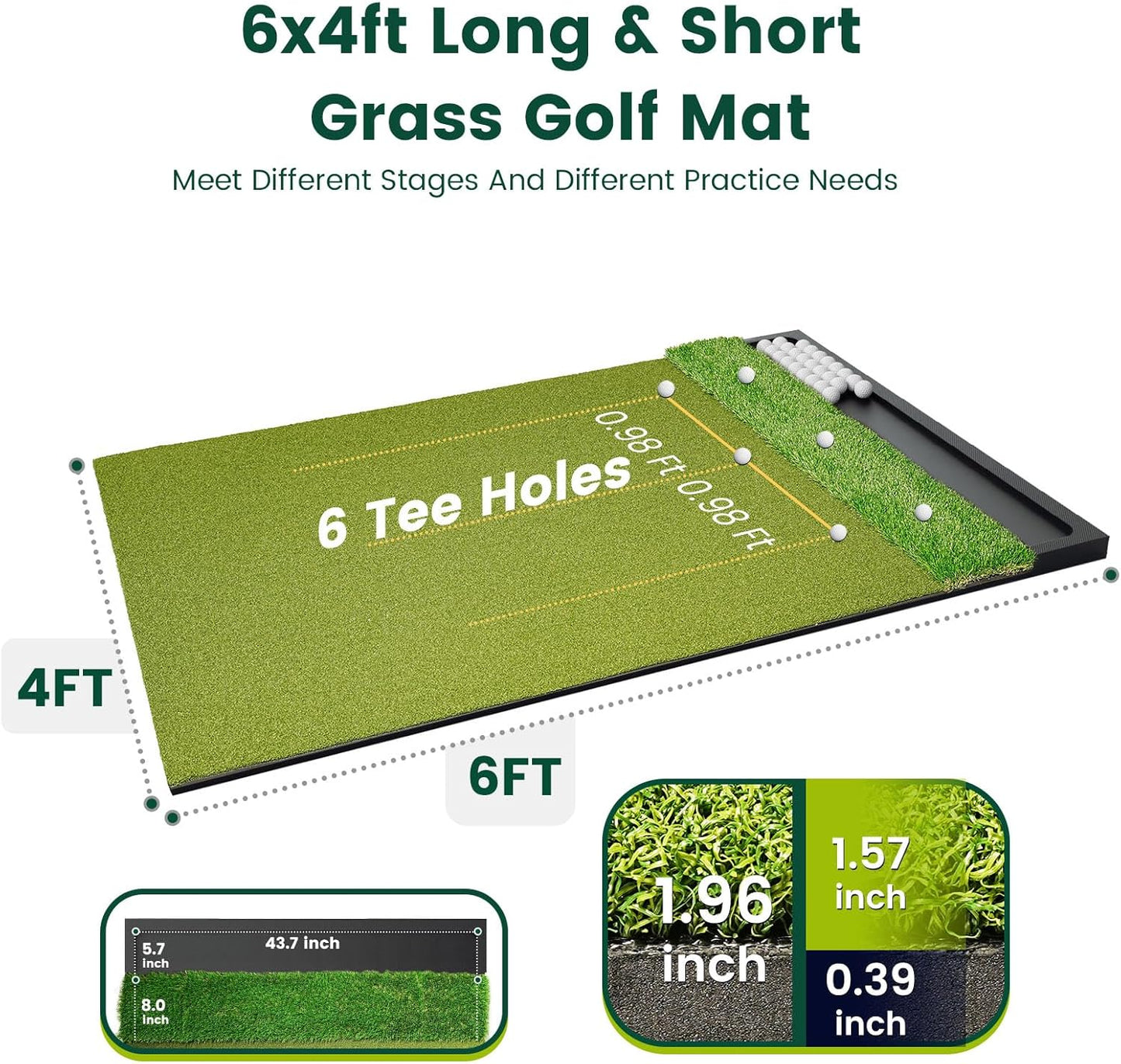 Golf Hitting Mat with Ball Tray 5x4ft - 6x4ft Dual-Turf Practice Mat for Indoor & Outdoor Use Golf Training Mat with Rubber Tee Holes, Suitable for Swing Driving & Chipping