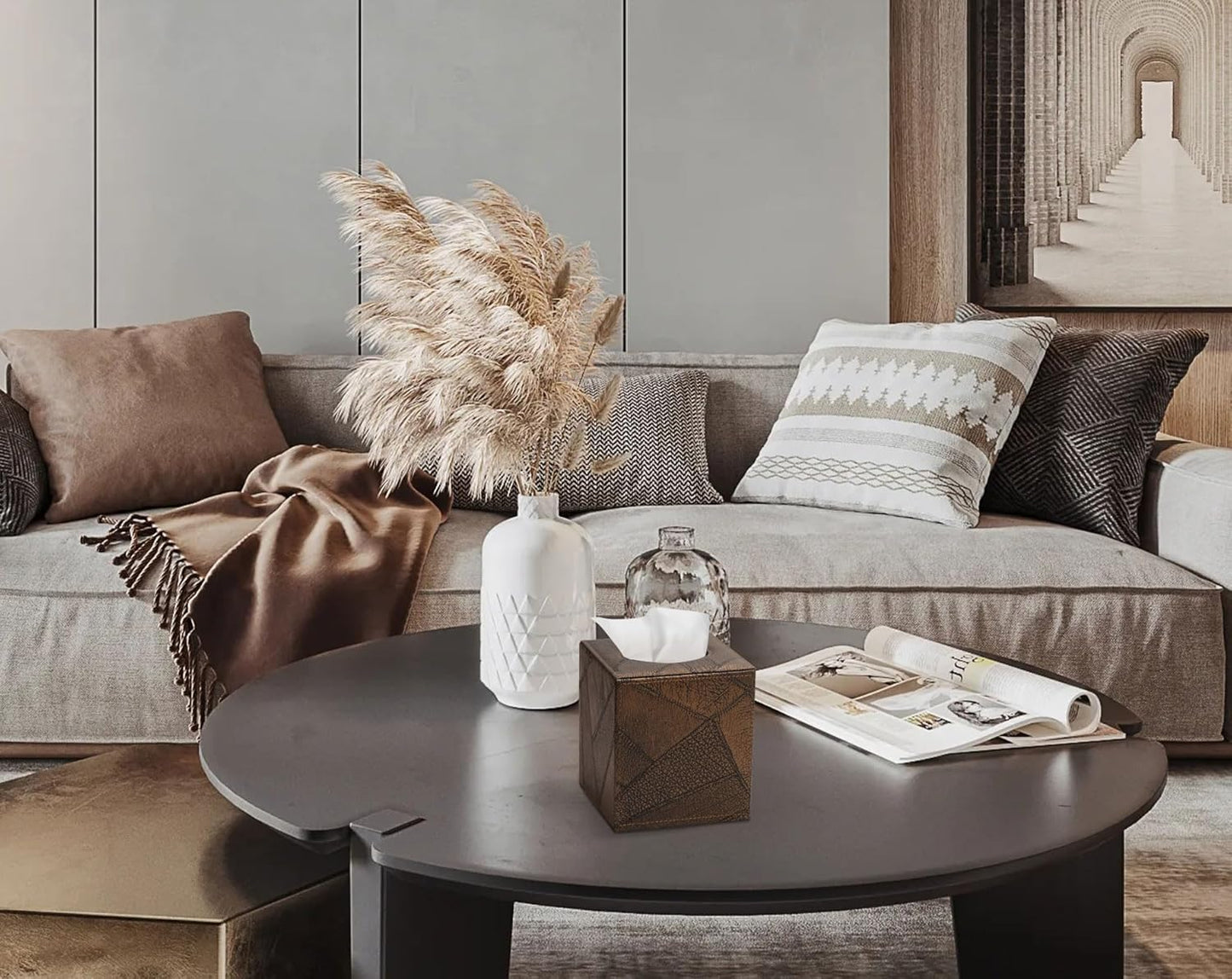 Tissue Box Cover Square Tissue Box Holder for Bathroom (Retro Brown)