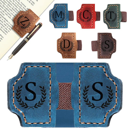 Bygone Mark Bookmark with Pen Holder, 26 Letters Name Initial Personalized Magnetic Bookmarks, Leather Book Mark for Men Women, Travelers Accessories, Teachers Readers Book Lovers Gifts (Blue, S)