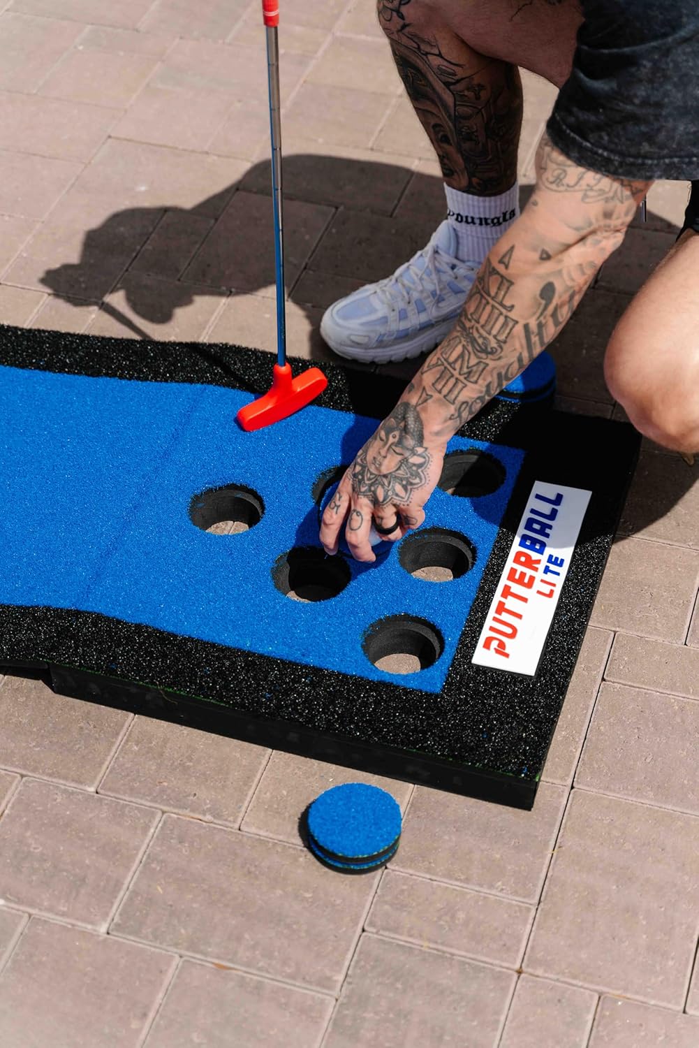 PutterBall Lite Original Golf Putting Game Set – Backyard 9 ft Putting Green Pong Style Golf Mat with 2 Putters, 2 Balls & Hole Covers
