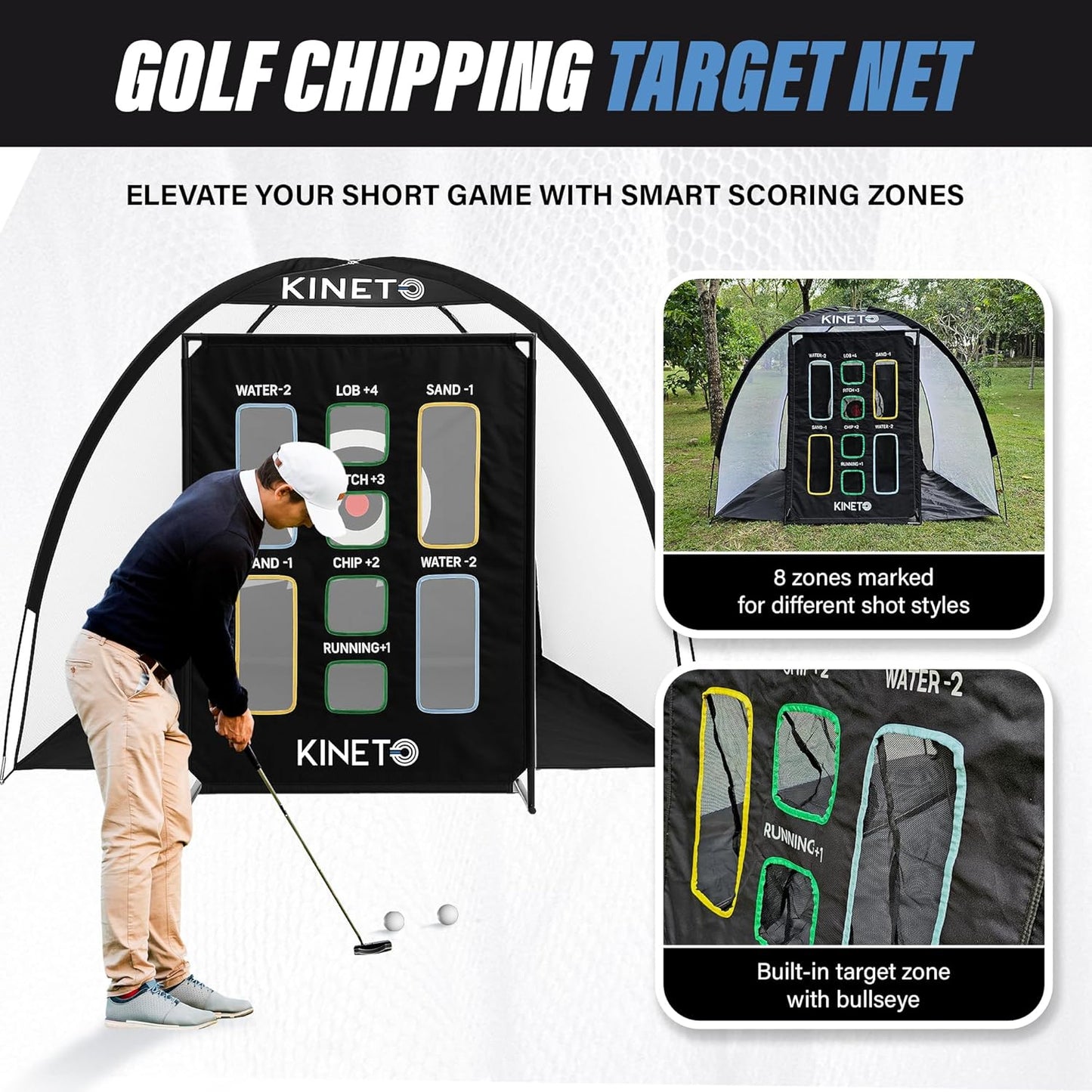 Kineto Training Set – Golf Swing Net, 8-Zone Chipping Target, Baseball Pitch Trainer – Durable, Portable, Tool-Free net for Backyard or Indoor use