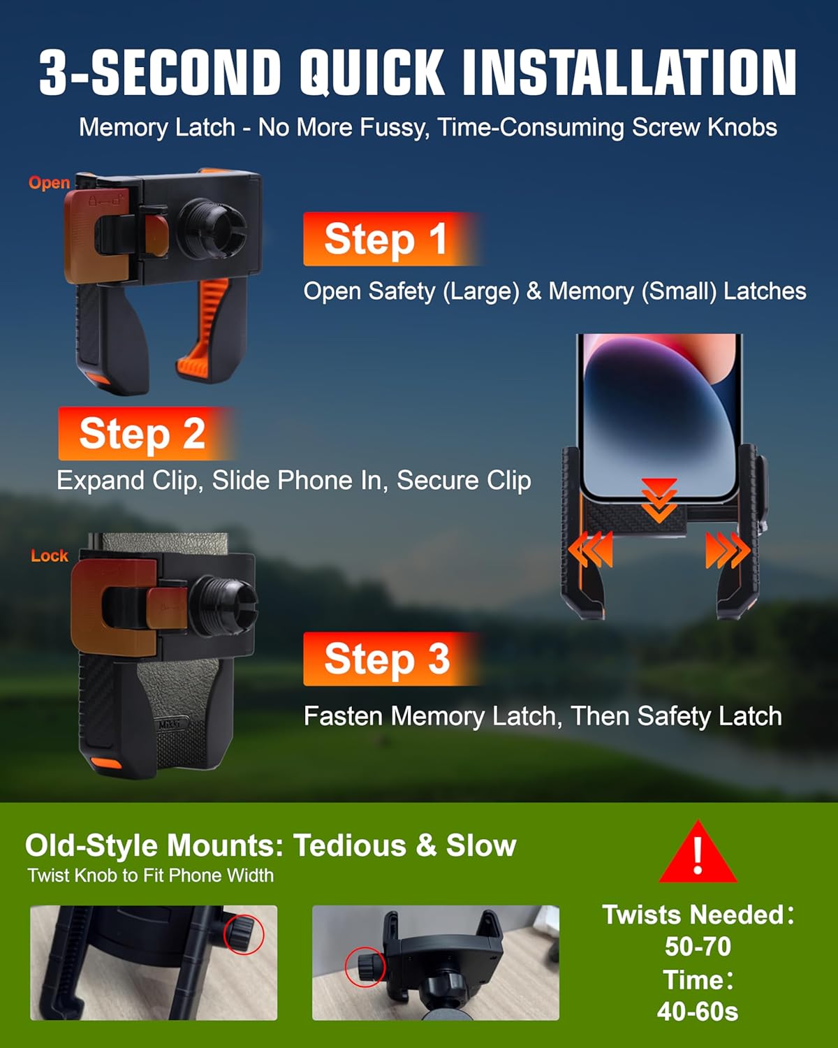 XEEP Golf Cart Phone Holder Mount, 3s Phone Clip Install, 1s Lock & Release, 360° Rotation Golf Phone Holder for Ezgo Club Car Yamaha, Golf Cart Accessories for All 4.5-7" Smartphones