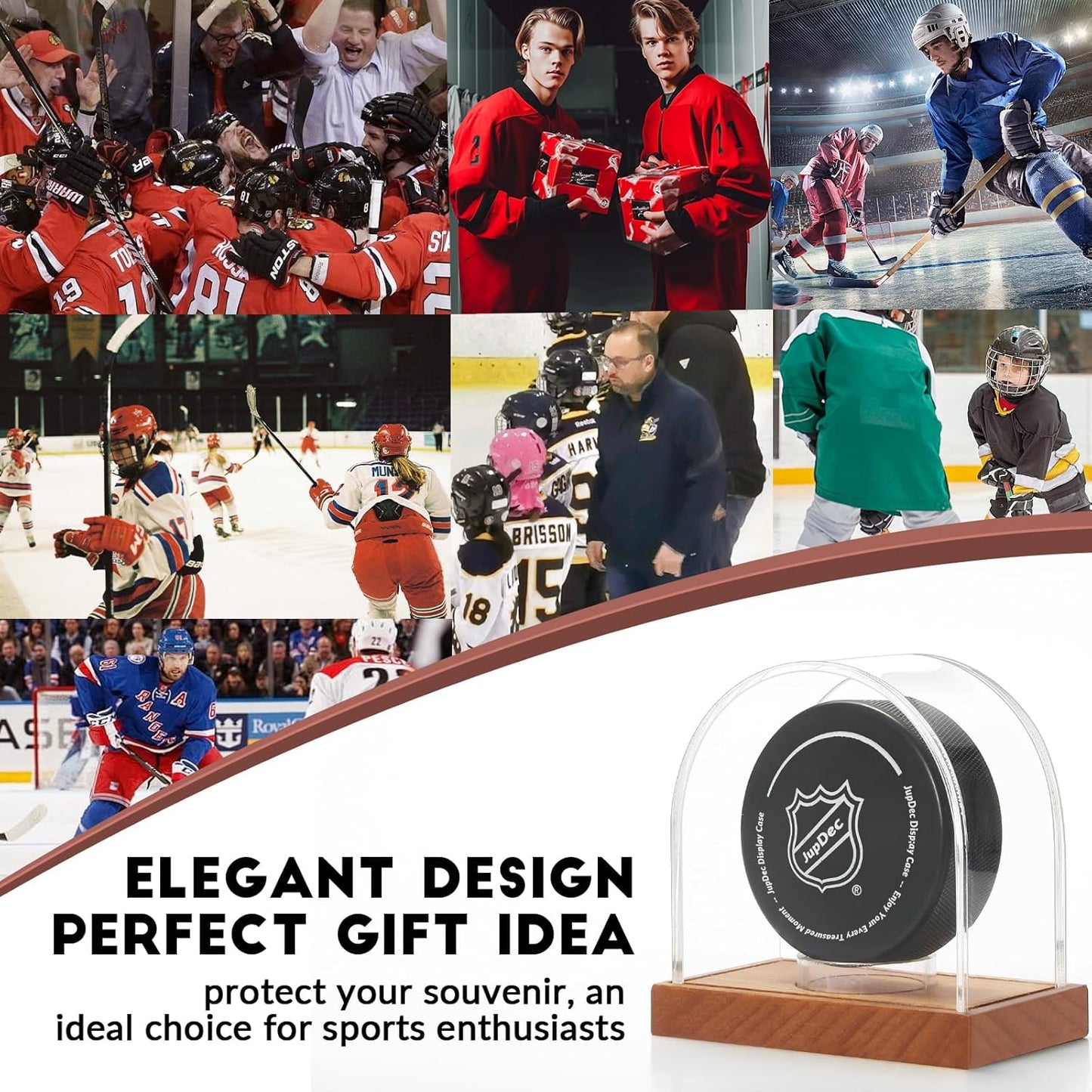 JupDec Hockey Puck and Collectibles Display Case, Premium Acrylic Clear Box Puck Holder with Mahogany Wood Base, Showcase for Autographed Souvenir Memorabilia, Collectible Figure Stand