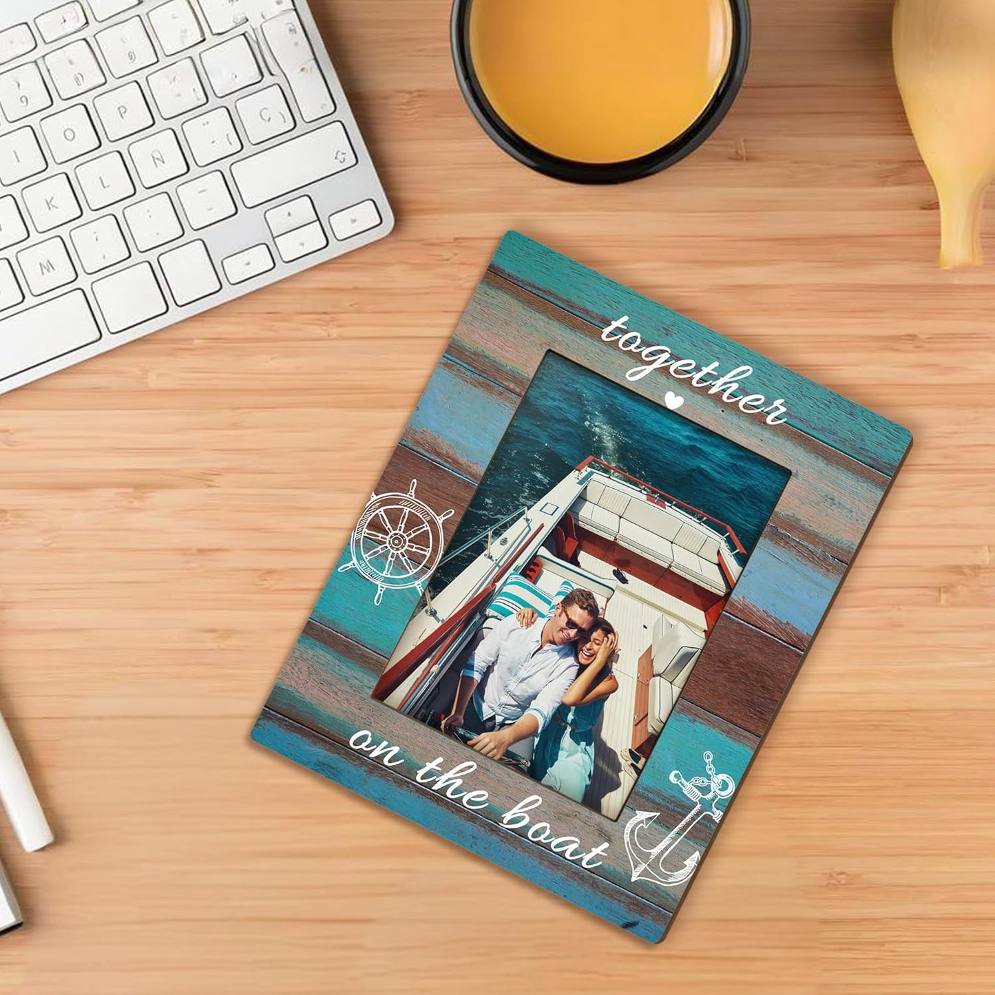 Boat Gifts Picture Frame 5x7, Couples Boating Photo Frame, Boating Gifts for BoatOwner Couples Friends, Together on the Boat Nautical Wooden Picture Photo Frames for Desk Home Room Decor