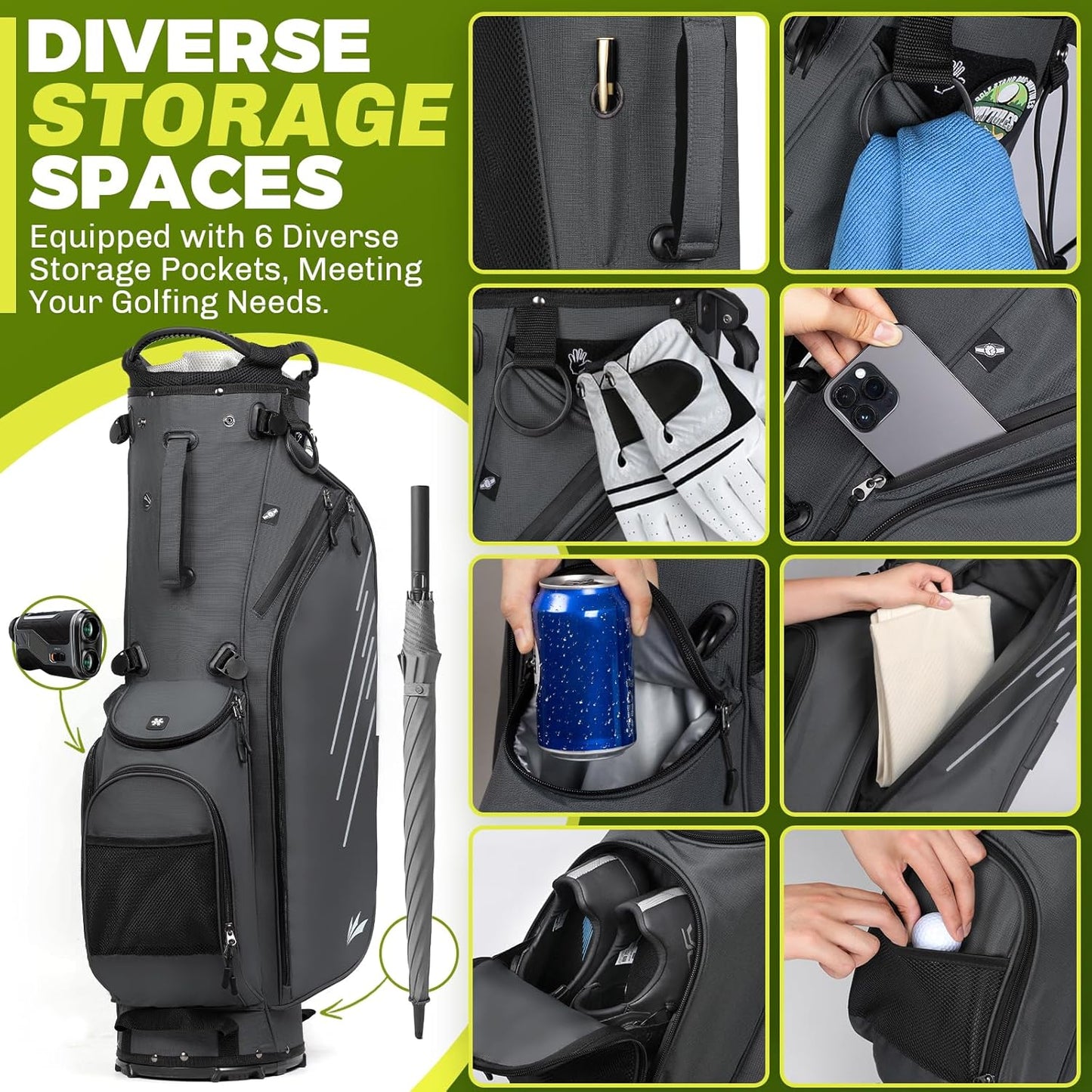 8-Way Golf Stand Bag, Lightweight Golf Bag with Dual Strap & Full-Length Dividers, Portable Golf Club Carry Bag with Multiple Pockets, Waterproof Rain Hood for Men Women