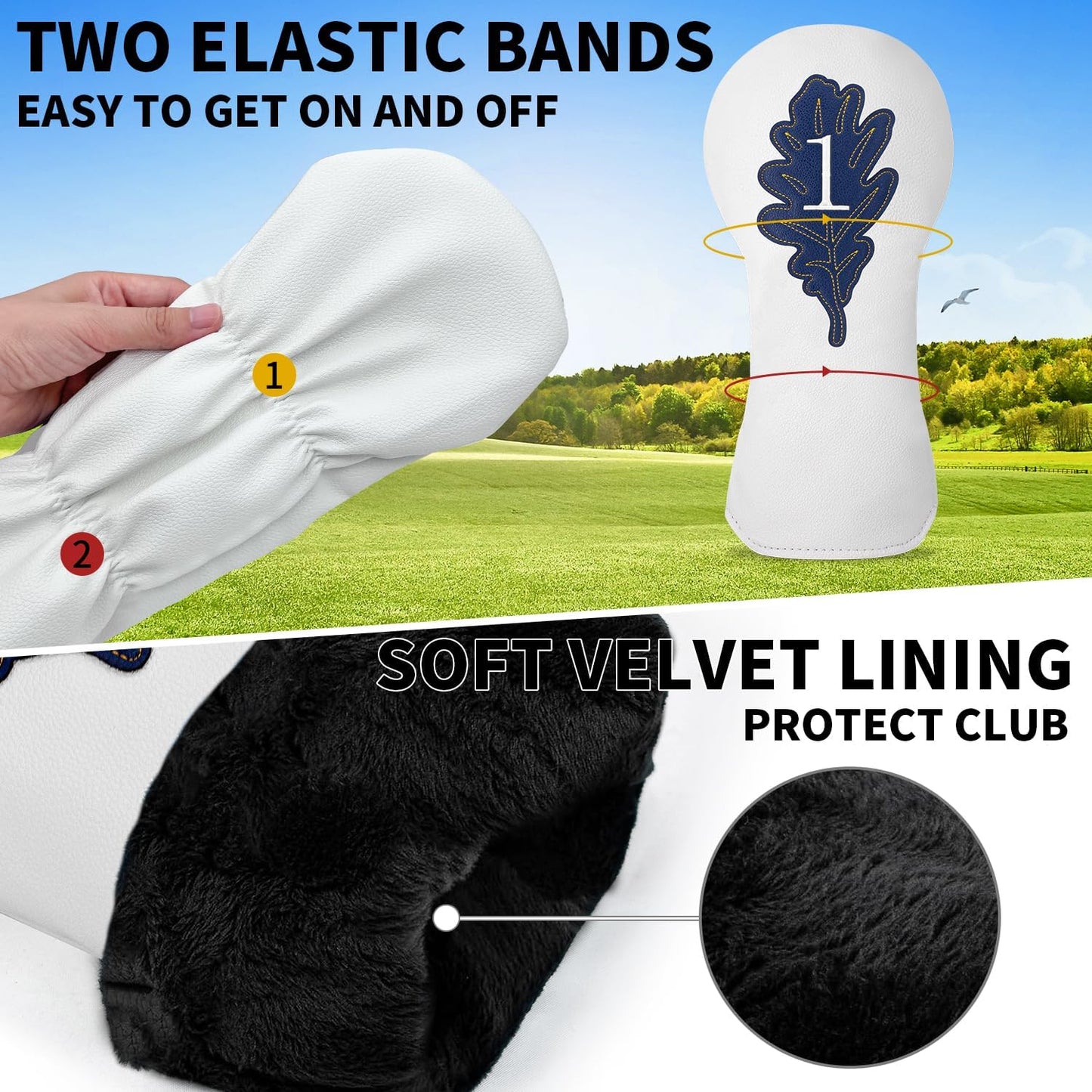 Golf Maple Leaves Head Cover Golf Club White Leather Headcovers Set Fits Driver Fairway Wood Hybrid Utility Putter Iron Wedge Headcover.
