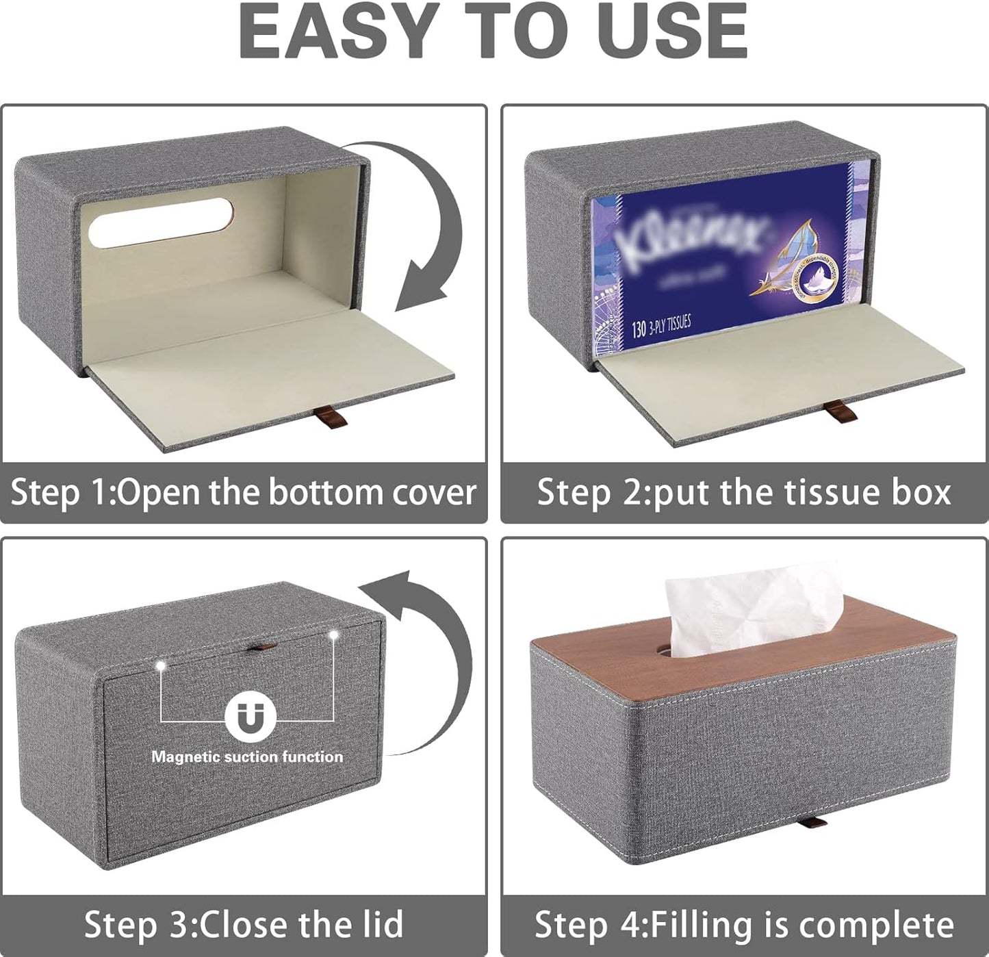 Tissue Box Cover Rectangle Tissue Box Holder PU Leather Facial Organizer with Magnetic Bottom,Decorative Napkin Caddy for Vanity Dresser Night Stand Table Countertop Home Office Car,Grey