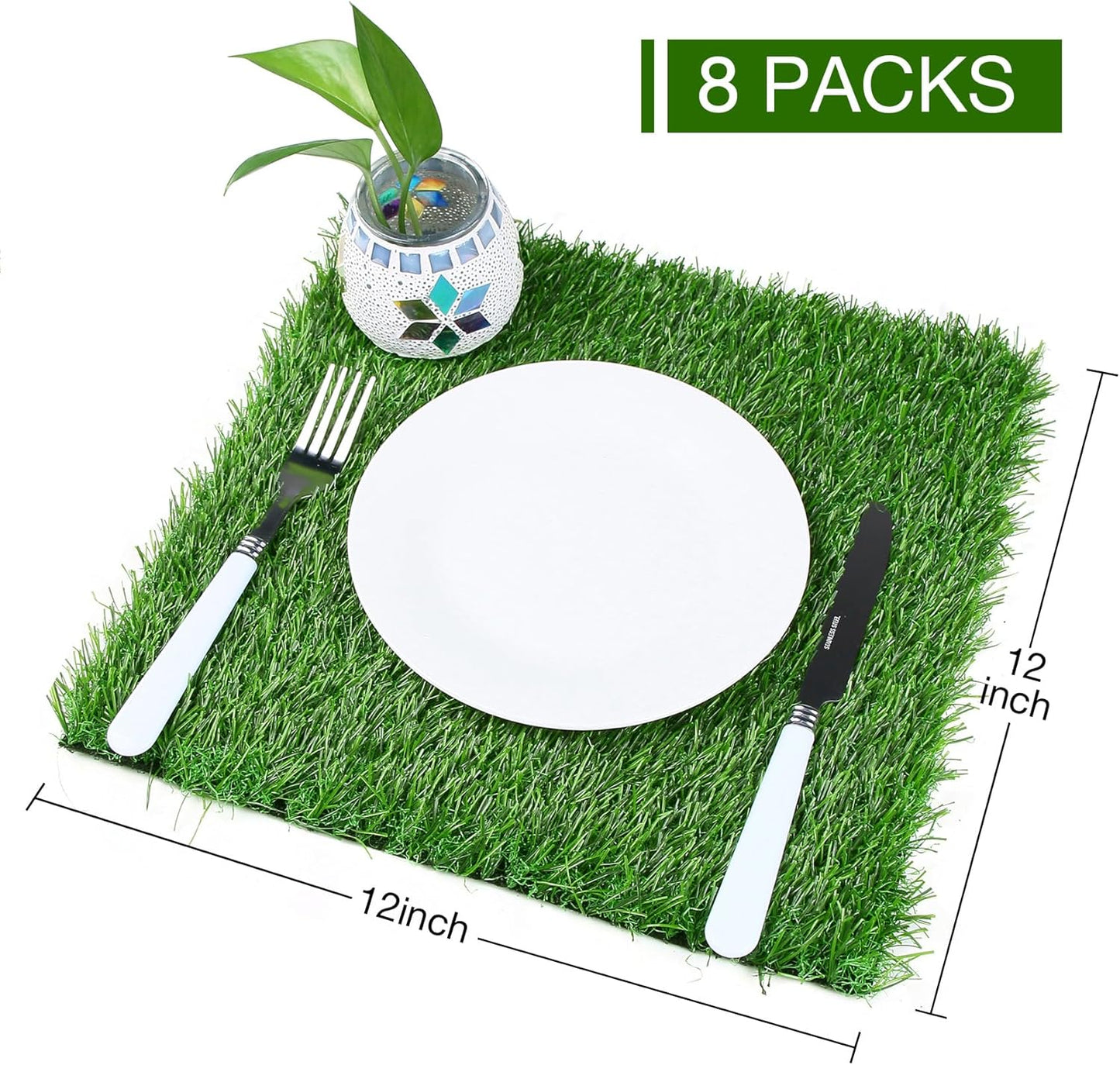 XLX TURF Square Artificial Grass Table Placemats Set of 8, Green Turf Mat Table Centerpiece Decorations for Golf Theme Party Summer Spring Birthday Baby Shower Wedding