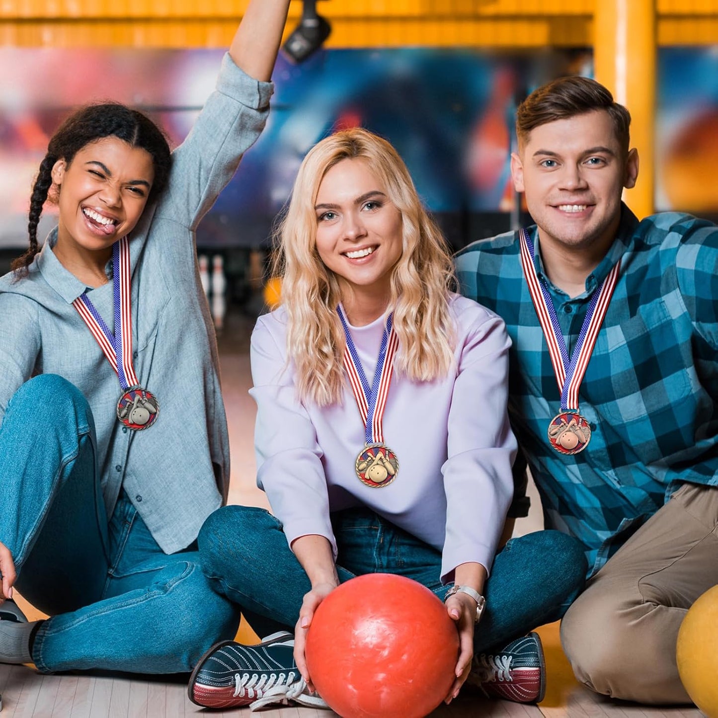 3 Pcs Bowling Medal 2.5 Inch Bowling Trophy Gold Silver Bronze 1st 2nd 3rd Place Award Medals with Stars and Stripes American Flag Ribbon for Competitions, Club Celebration Souvenir Tournament