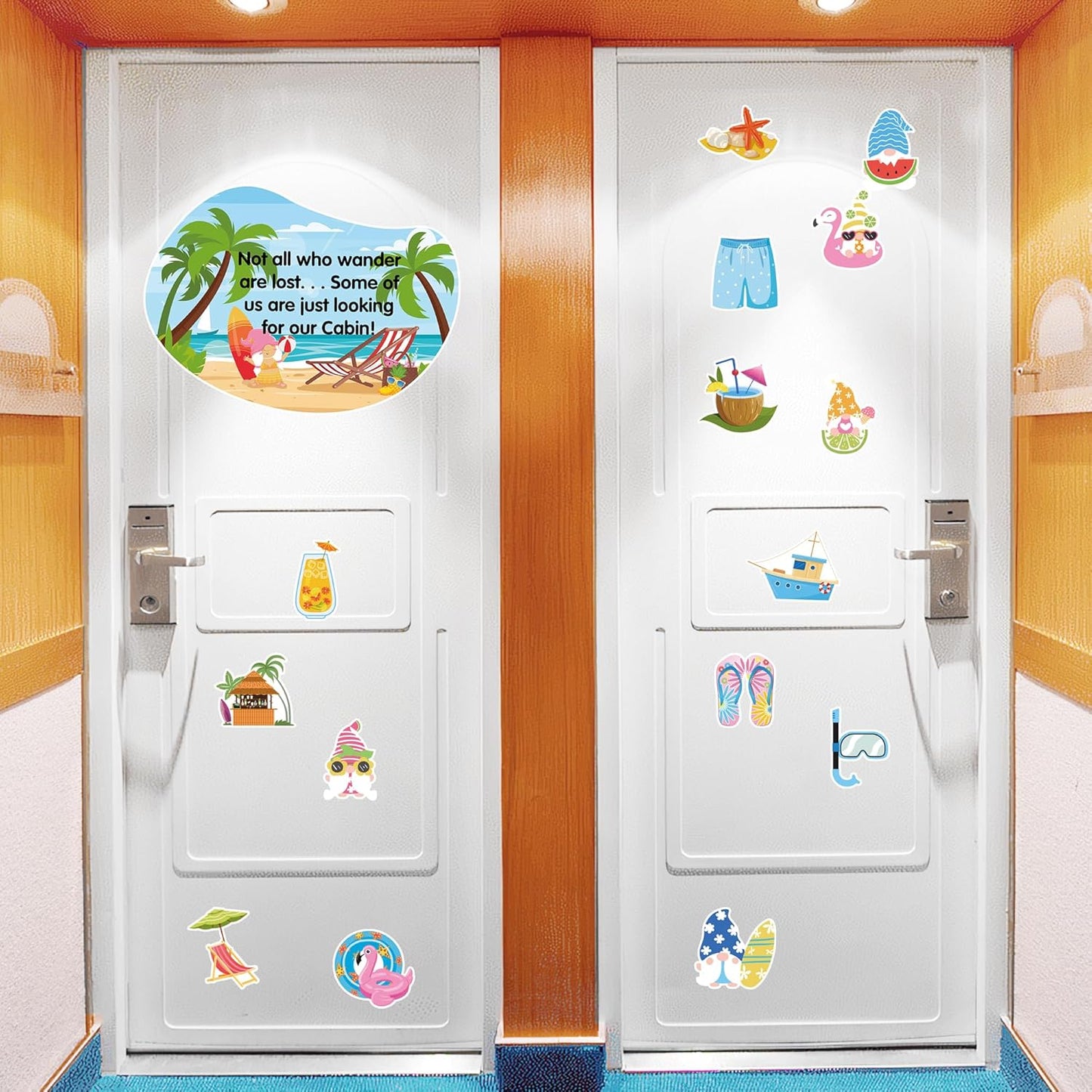 Cruise Door Decorations Magnetic, 16 Pcs Tropical Vacation Hawaii Beach Gnome Funny Cruise Magnets, Customizable Magnetic Ship Cabin Door Signs Fridge Decor, with 3 Pcs Pens