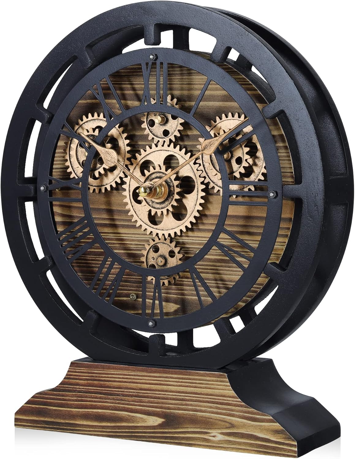 Lafocuse Small Wooden Black Wall Clock with Moving Gears for Living Room Home Decor, Farmhouse Rustic Desk Clock, Vintage Mantel Clocks, 10 Inch