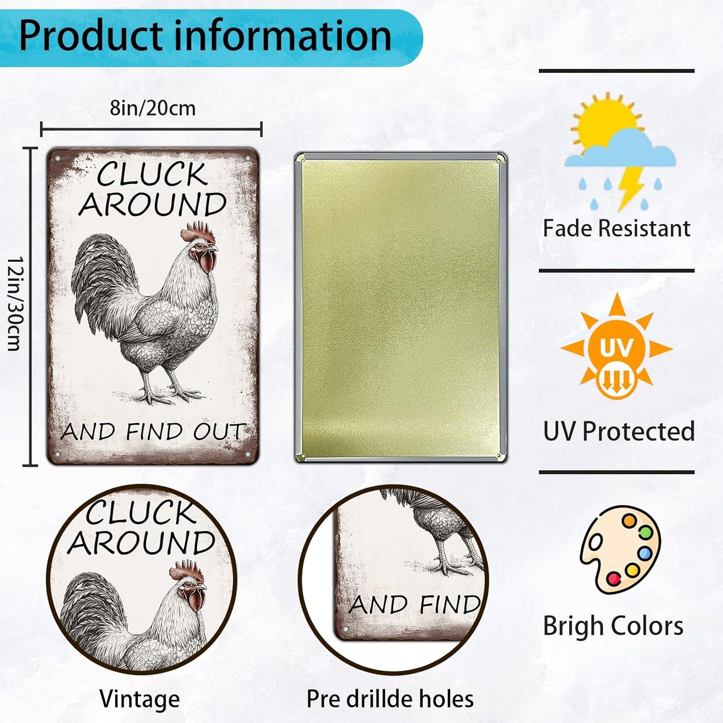 Vintage Tin Metal Aluminum Sign Chicken Cluck Around And Find Out Iron Painting Vintage Wall Decoration Poster For Home Garden Yard Garage Bar Shop 12x8 Inch