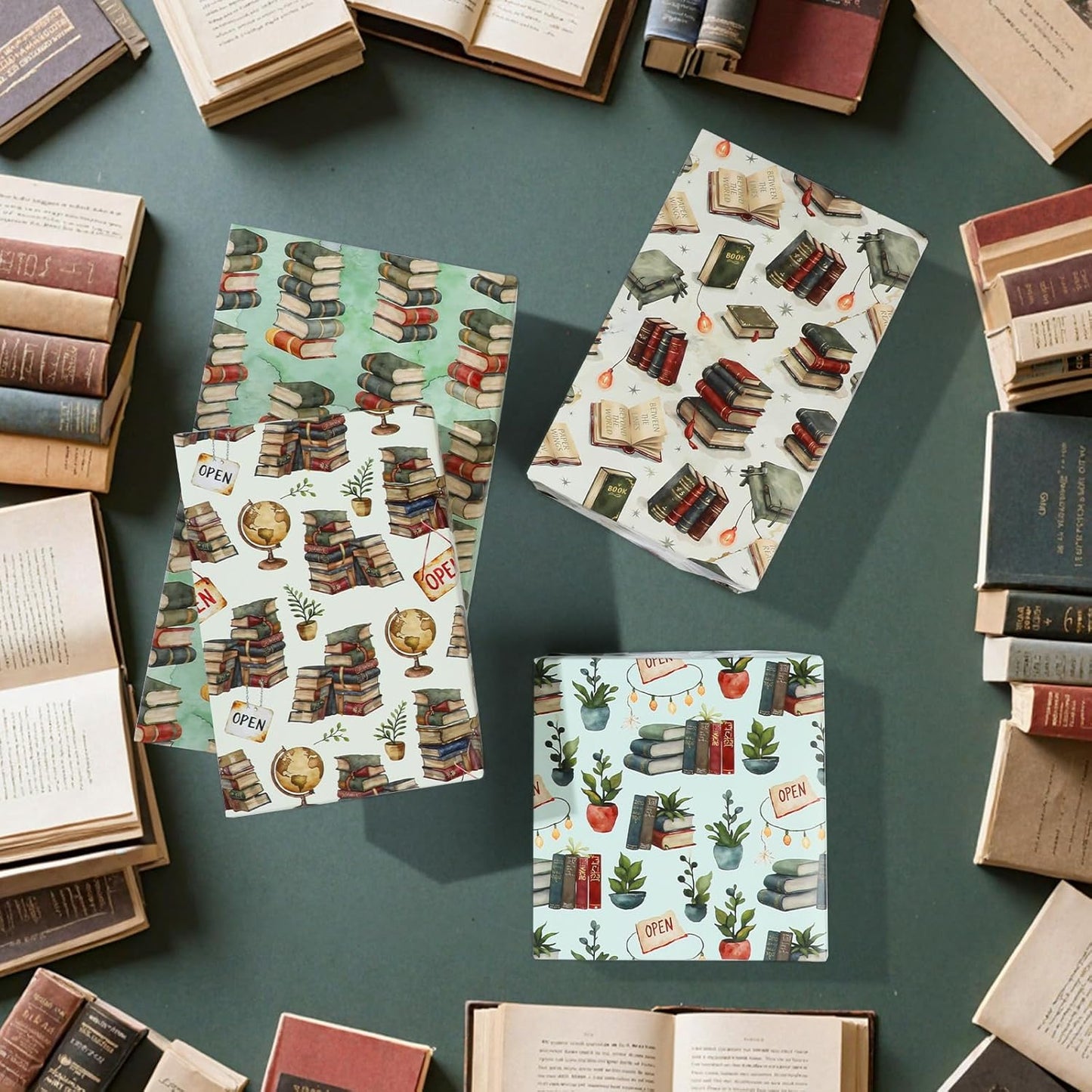 Pineraap Bookish Wrapping Paper 12 Sheets Watercolor Vintage Book Themed Designs Gift Wrap for Book Lovers, Librarians, Bookstores, 20"×28"