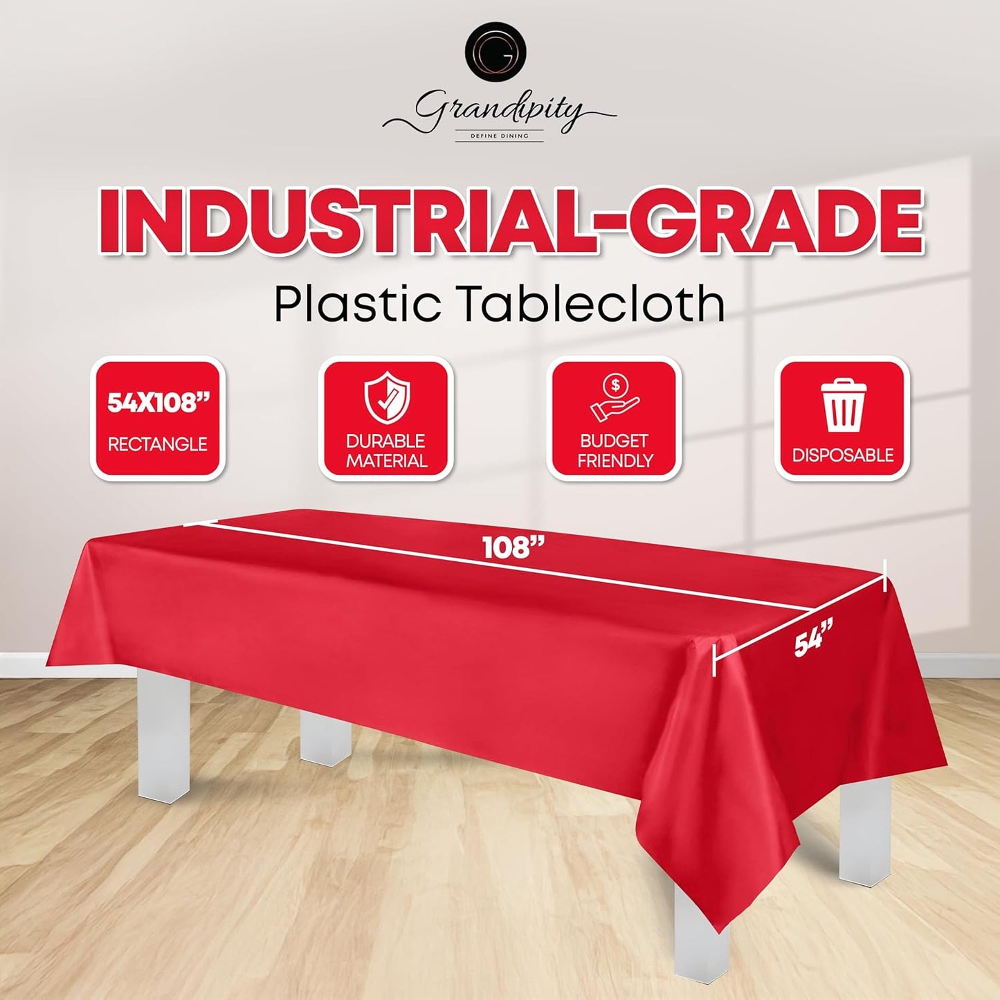 Grandipity 12 Pack Premium Disposable Plastic Tablecloth 54 Inch. x 108 Inch. Decorative Rectangle Table Cover - Red