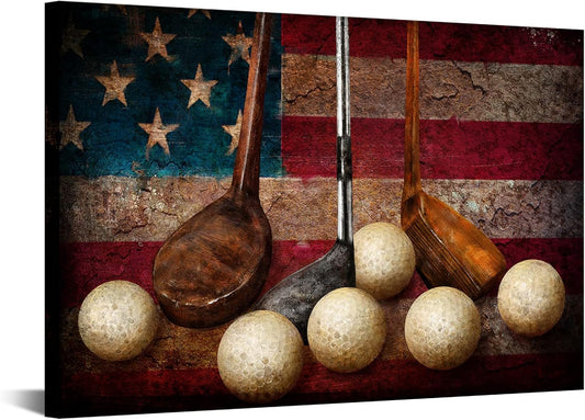 LevvArts Golf Canvas Wall Art Vintage Golf Ball with American Flag Painting Artwork Leisure Sports Poster Canvas Prints for Living Room Home Office Club Decoration Easy Hanging