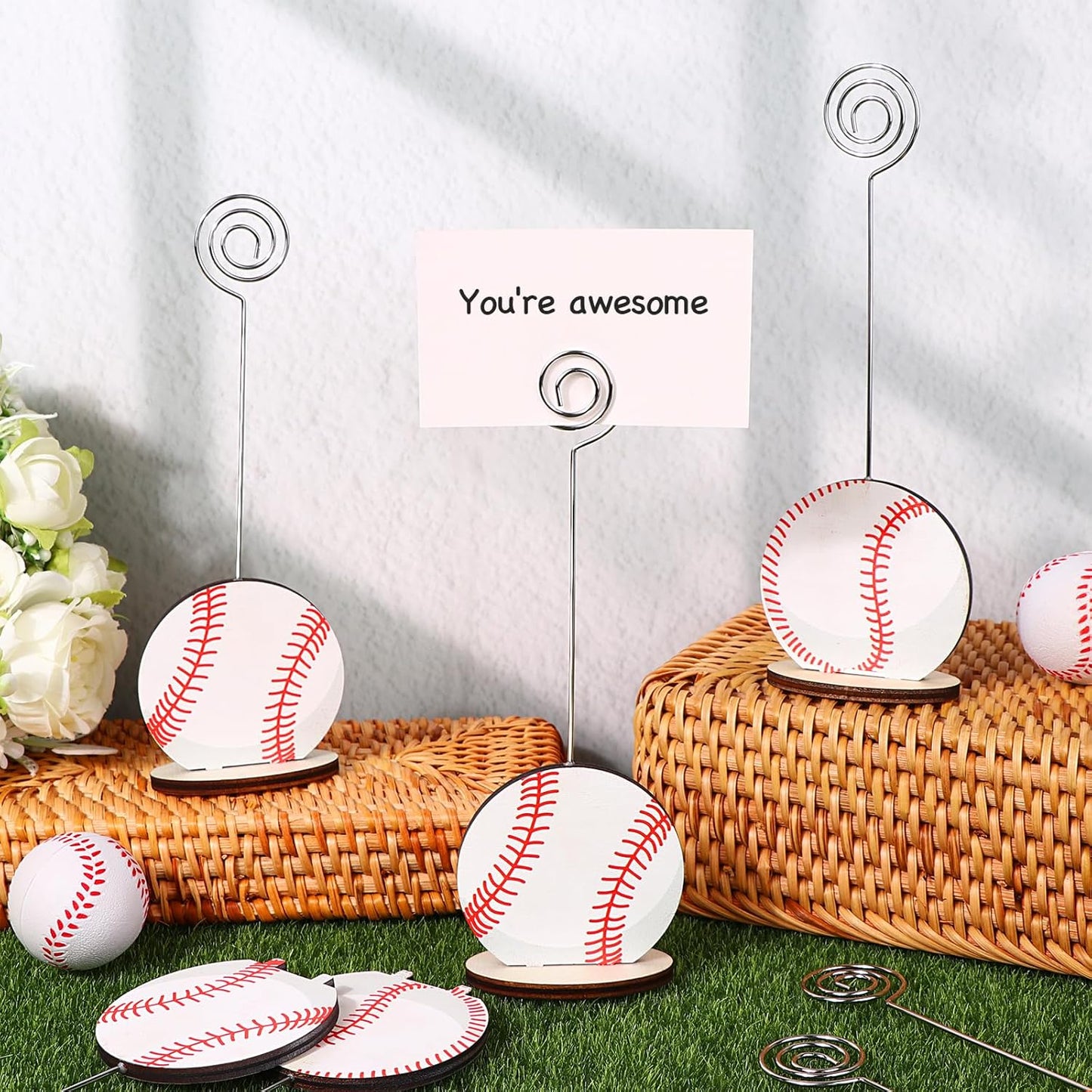 24 Pcs Sports Ball Base Memo Clips Baseball Shaped Metal Wire Table Number Holders Baseball Card Holder Round Place Card Stands for Picture Note Card Menu Wedding Party Office